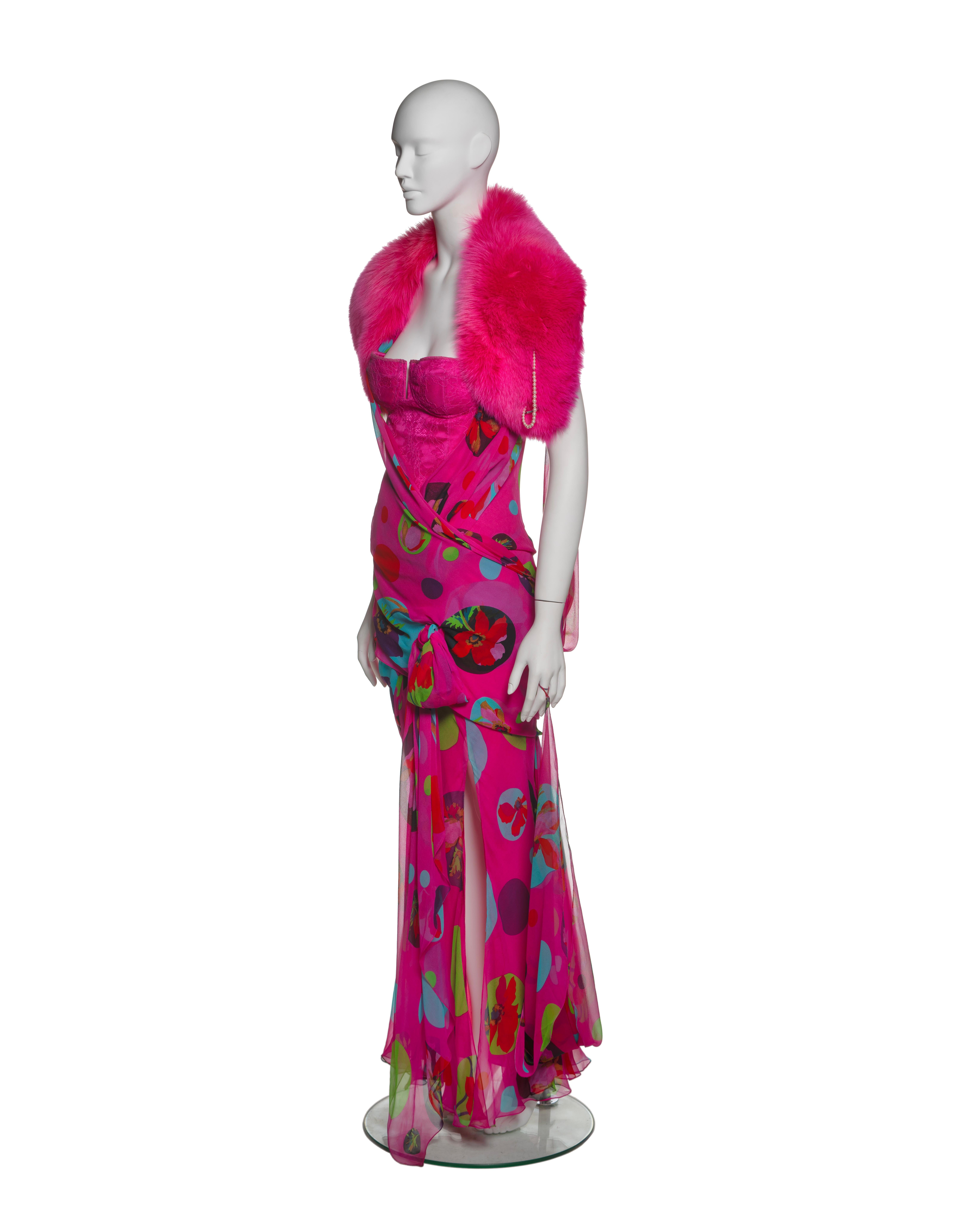Christian Dior by John Galliano Pink Chiffon Dress, Corset & Fox Fur, SS 2004 9