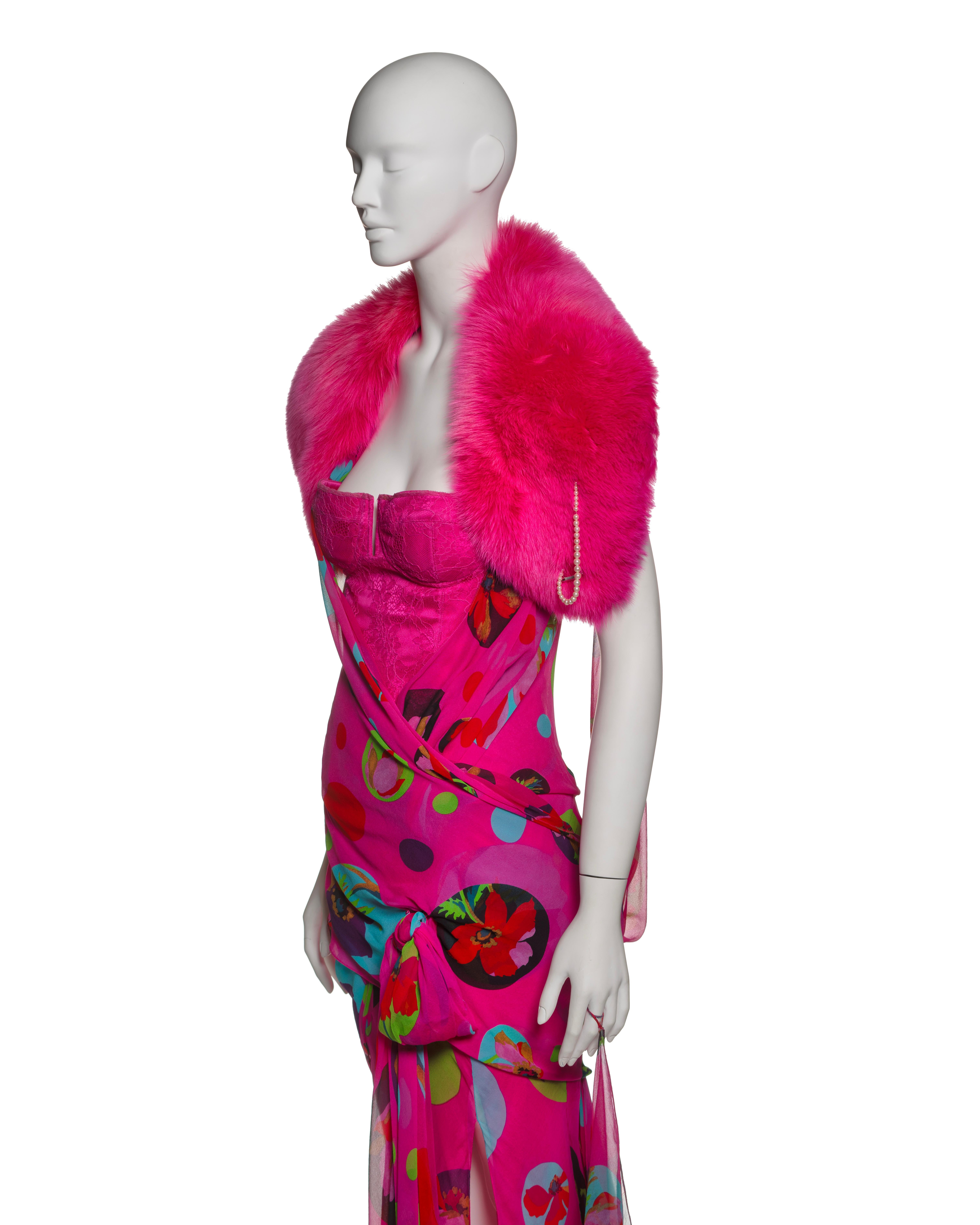 Christian Dior by John Galliano Pink Chiffon Dress, Corset & Fox Fur, SS 2004 10
