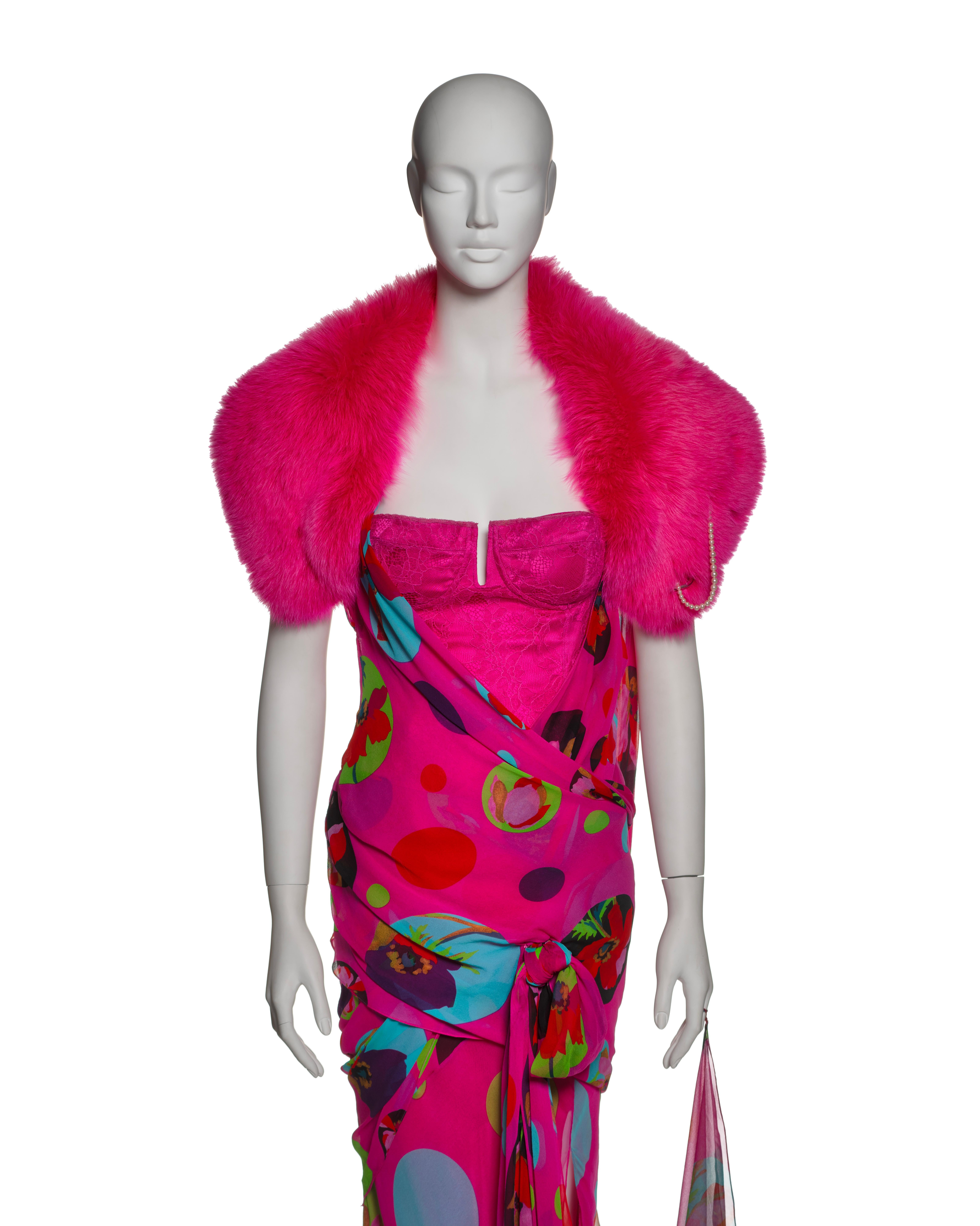 Christian Dior by John Galliano Pink Chiffon Dress, Corset & Fox Fur, SS 2004 In Excellent Condition In London, GB