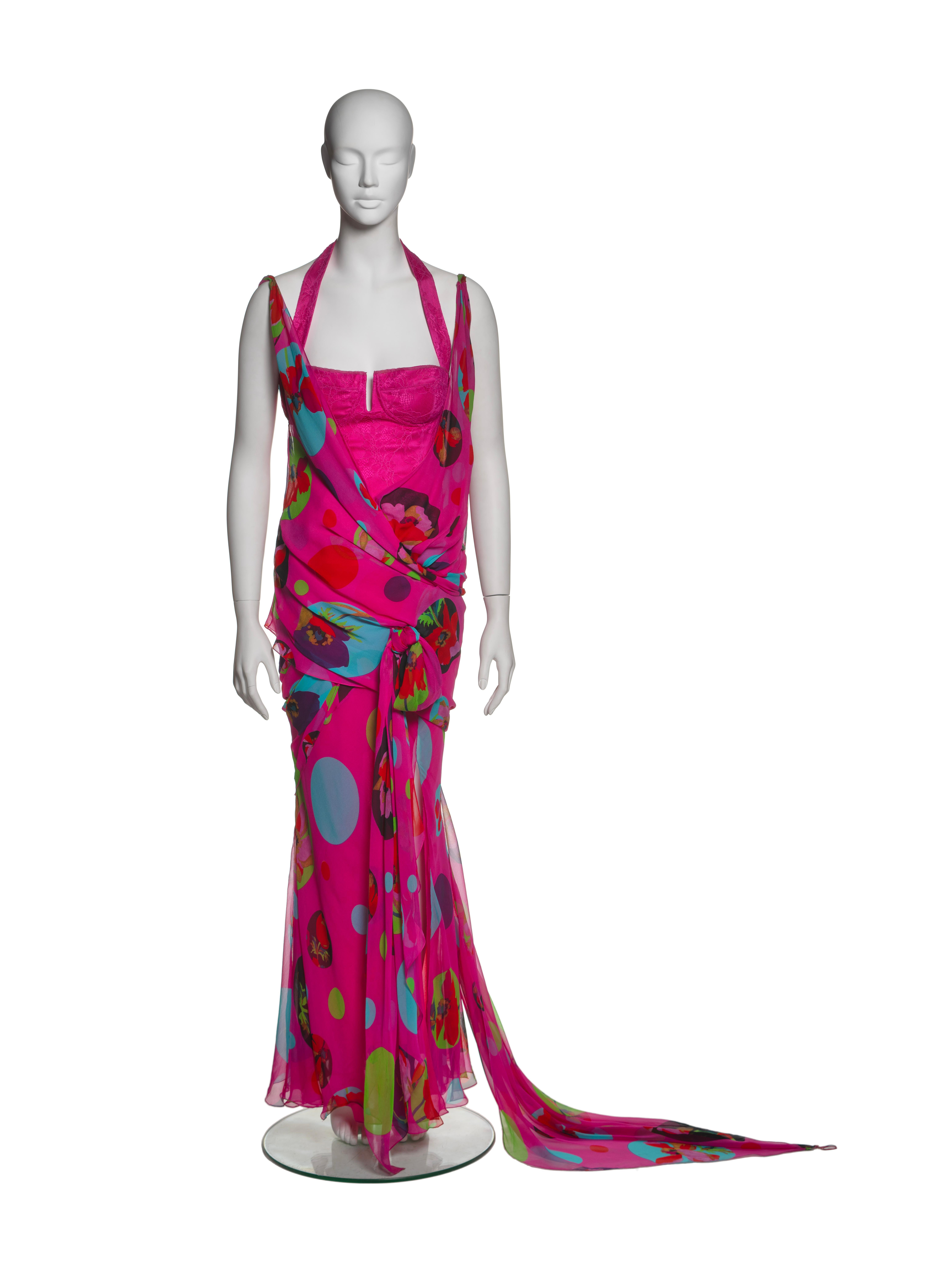 Women's Christian Dior by John Galliano Pink Chiffon Dress, Corset & Fox Fur, SS 2004