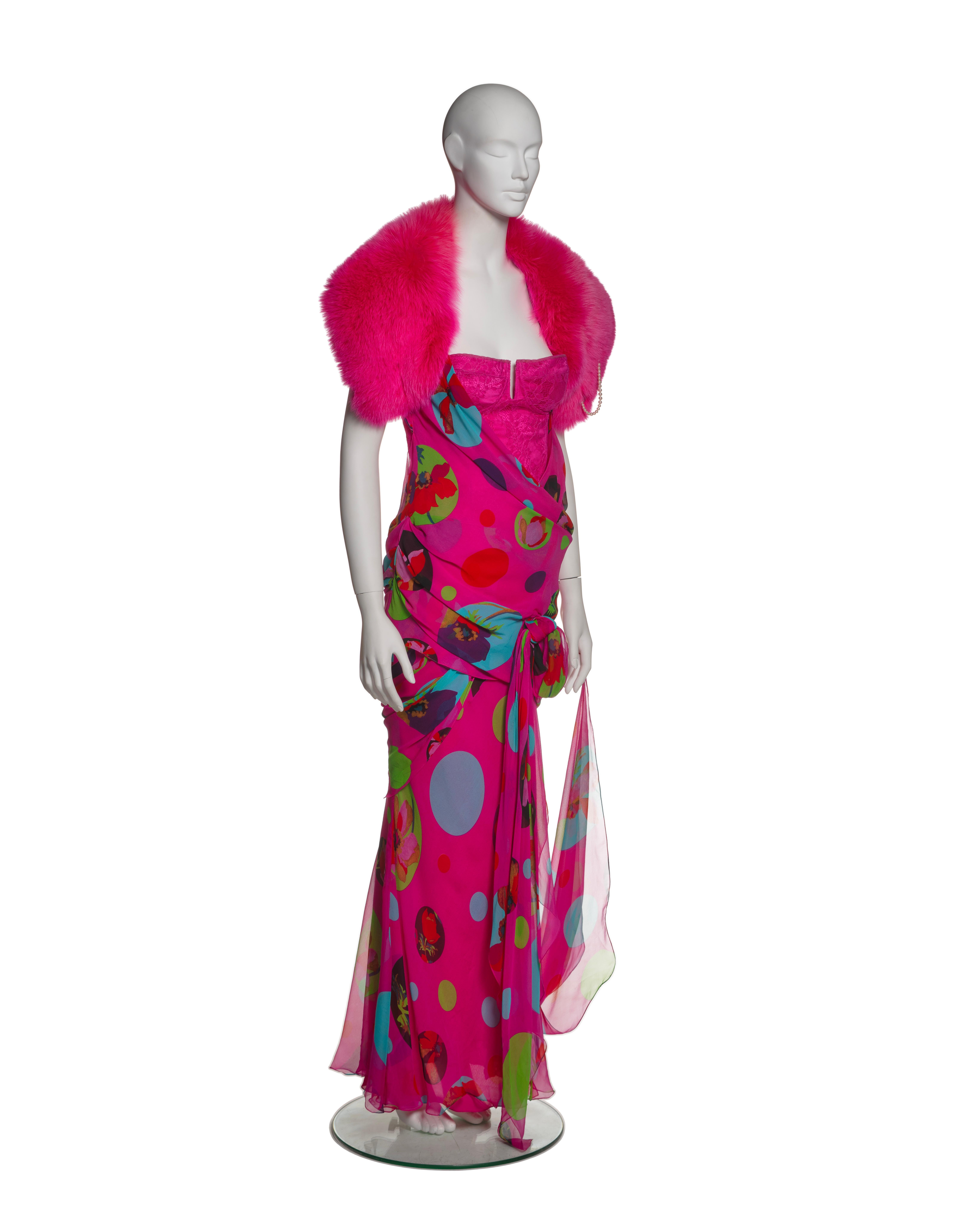 Christian Dior by John Galliano Pink Chiffon Dress, Corset & Fox Fur, SS 2004 2