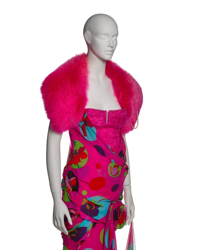 Christian Dior by John Galliano Pink Chiffon Dress, Corset and Fox Fur, SS  2004 at 1stDibs