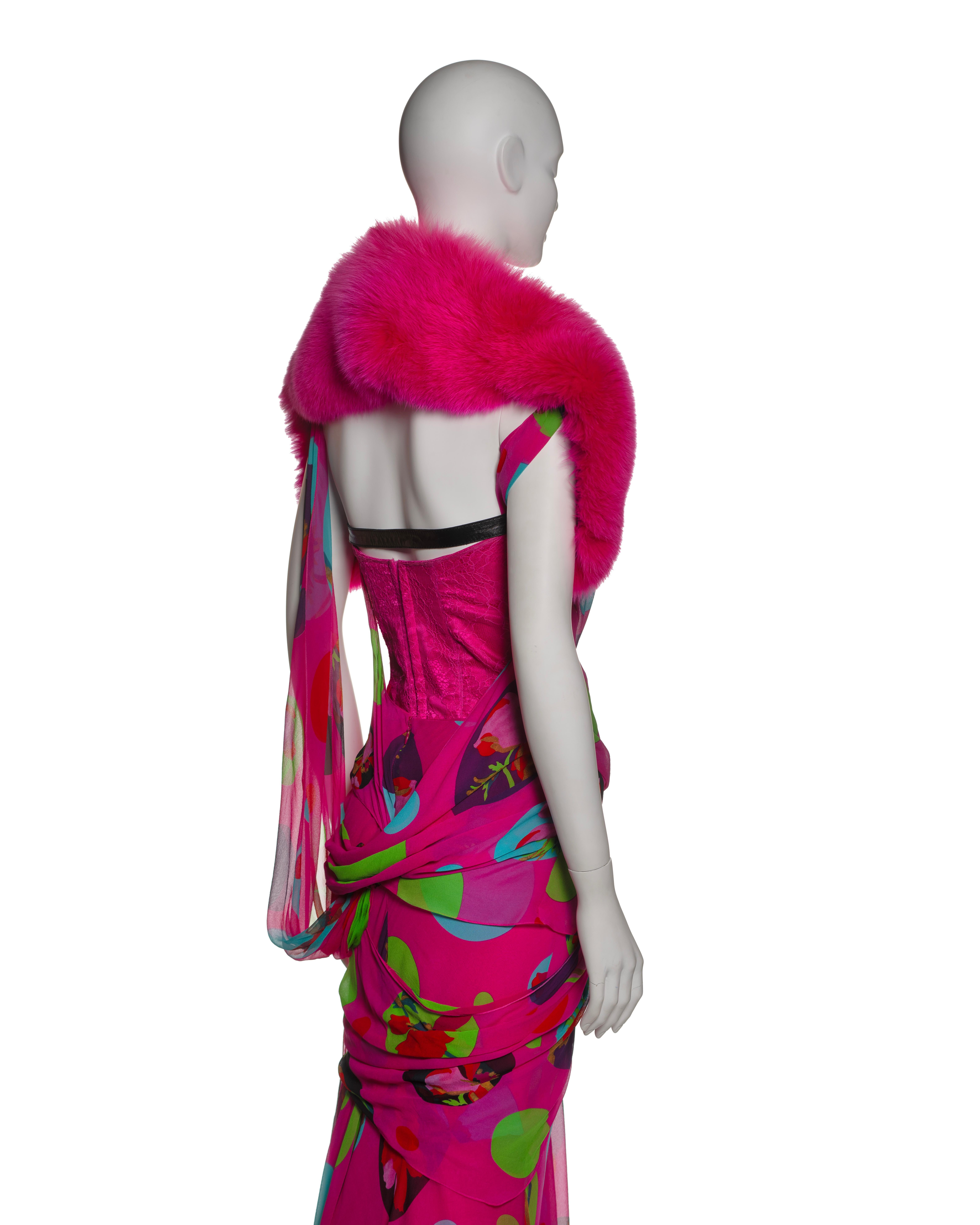 Christian Dior by John Galliano Pink Chiffon Dress, Corset & Fox Fur, SS 2004 5