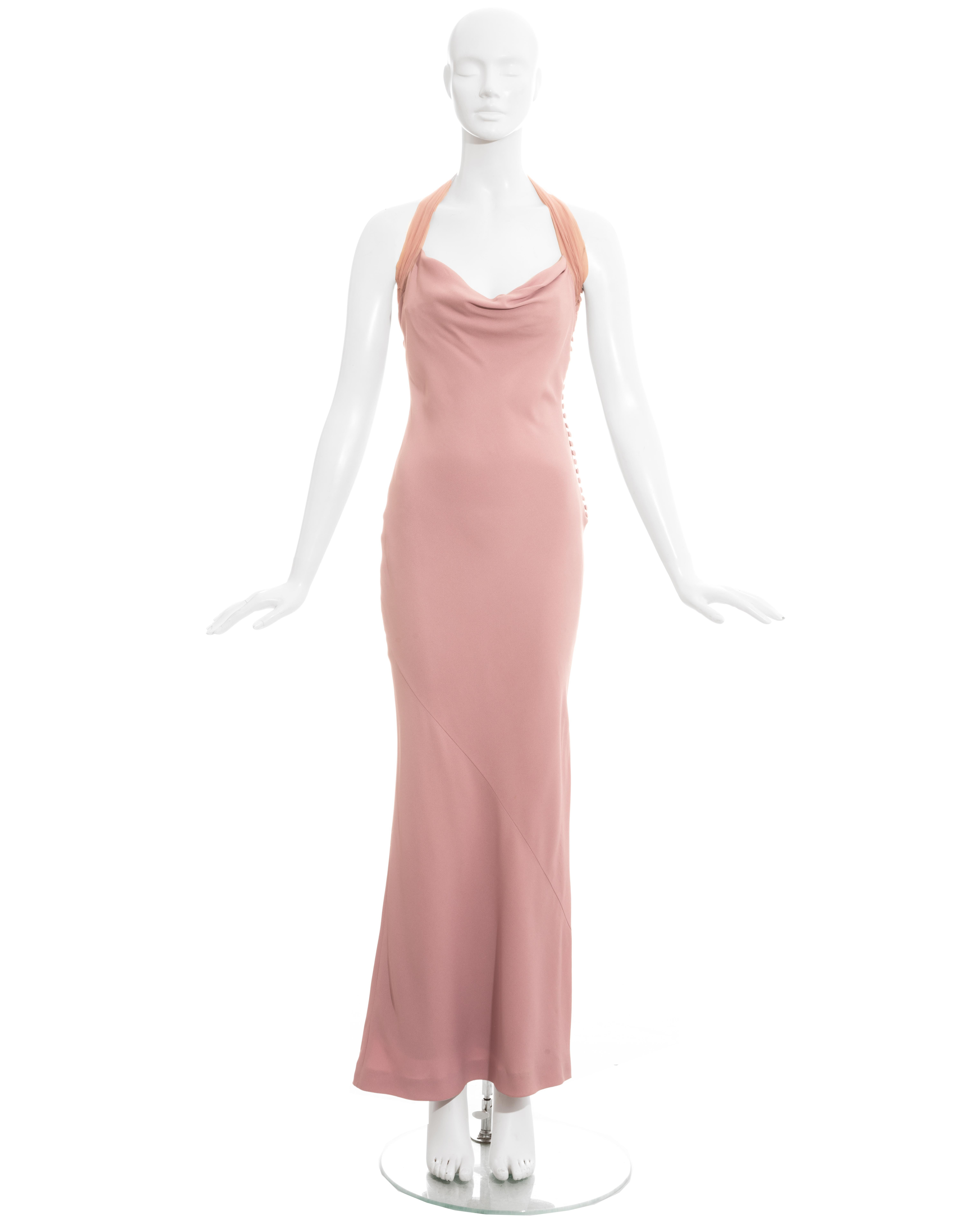 Christian Dior by John Galliano pink crepe evening maxi dress with silk chiffon halter-neck, lace up fastening, front leg slit and silk lining.  

Fall-Winter 1999