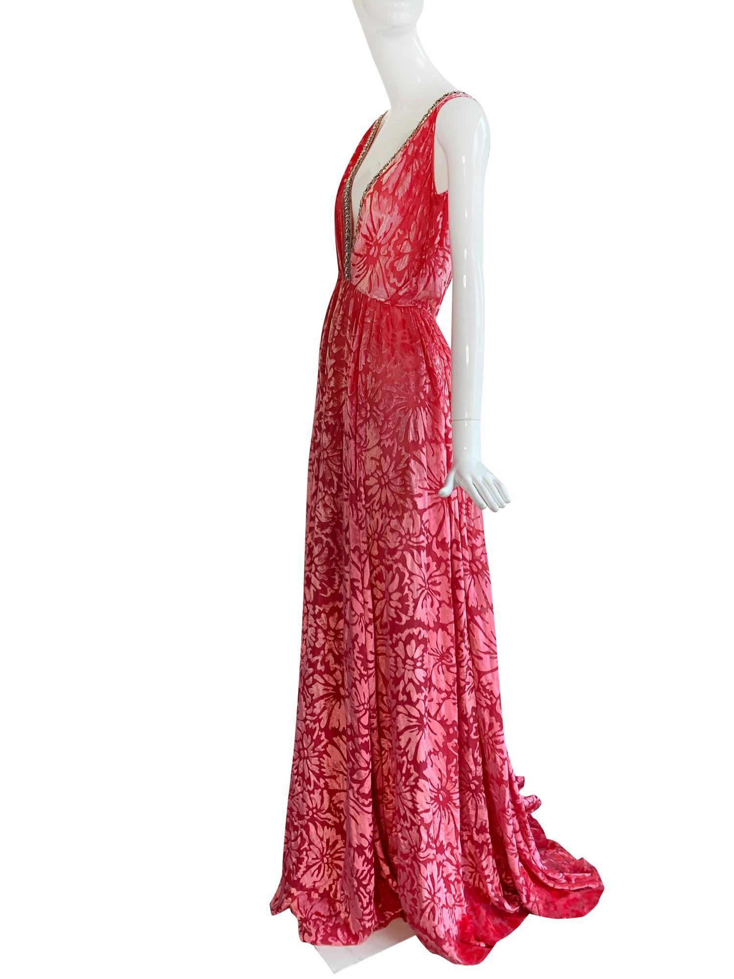 Christian Dior by John Galliano Pink Devore Velvet Evening Gown w/Jeweled Trim In Excellent Condition For Sale In Studio City, CA