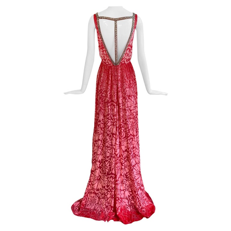 Christian Dior by John Galliano Pink Devore Velvet Evening Gown w/Jeweled  Trim For Sale at 1stDibs
