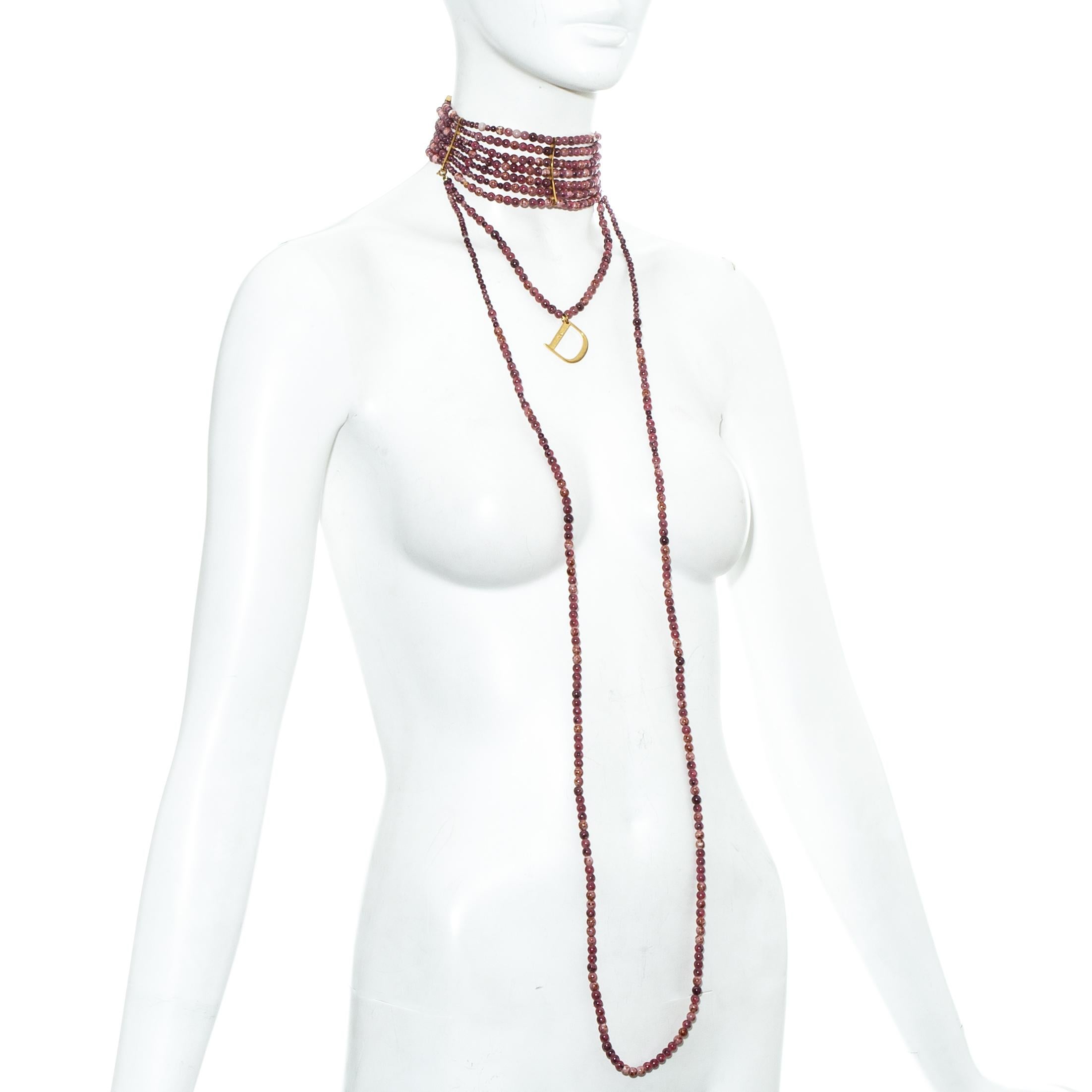 Beige Christian Dior by John Galliano pink marble glass bead choker necklace, fw 1999