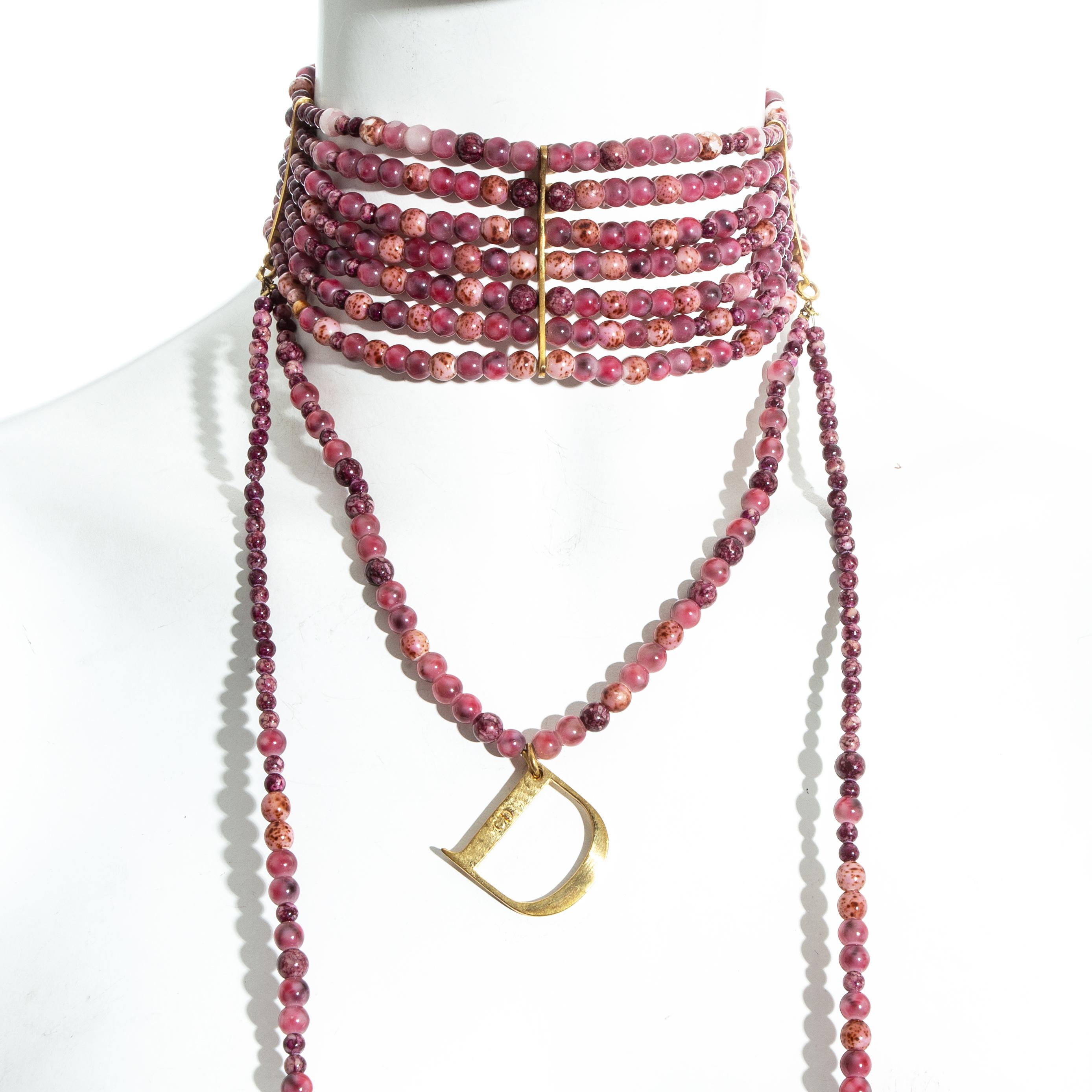 Christian Dior by John Galliano pink marble glass bead choker necklace, fw 1999 In Good Condition In London, London
