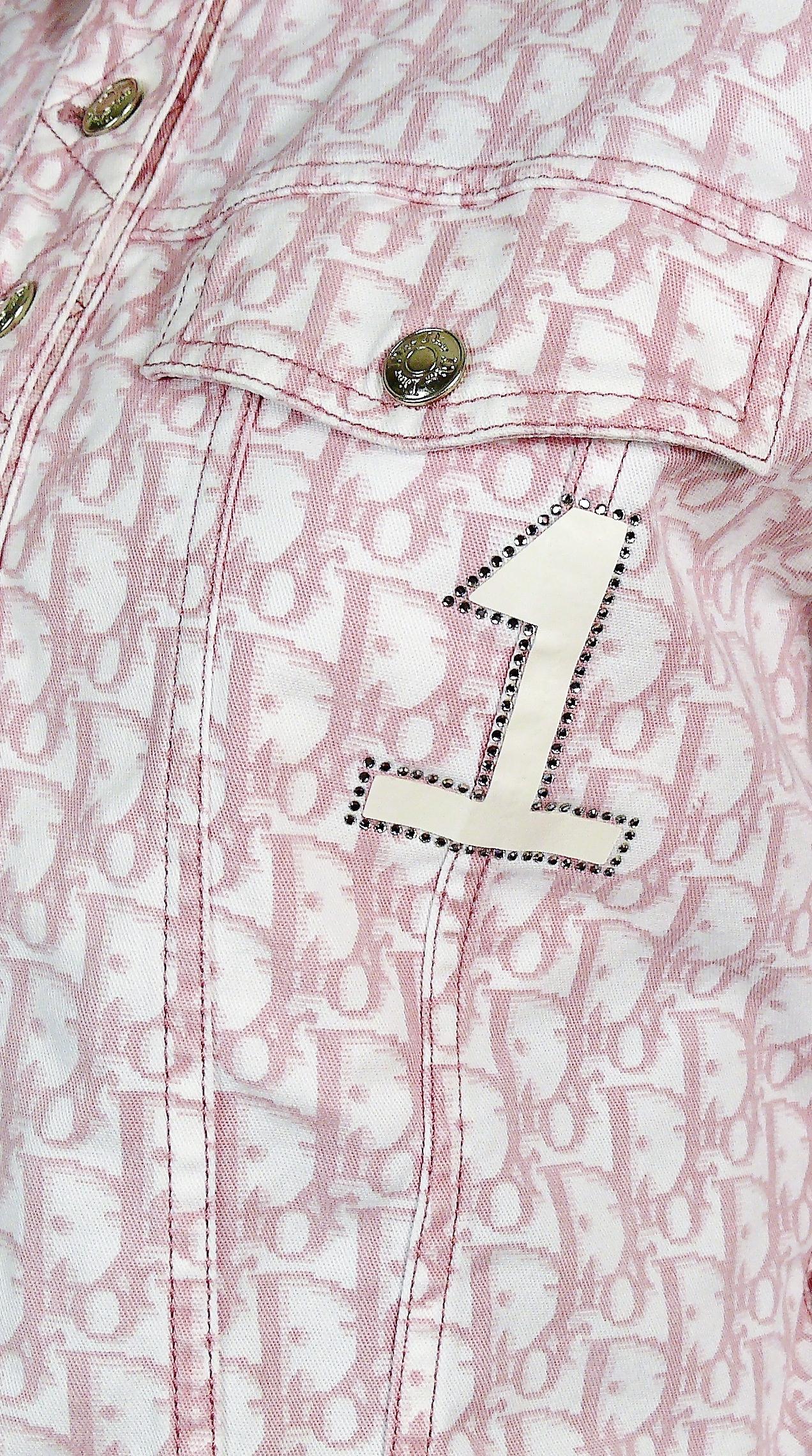 Gray Christian Dior by John Galliano Pink Monogram Denim Jacket US Size 10