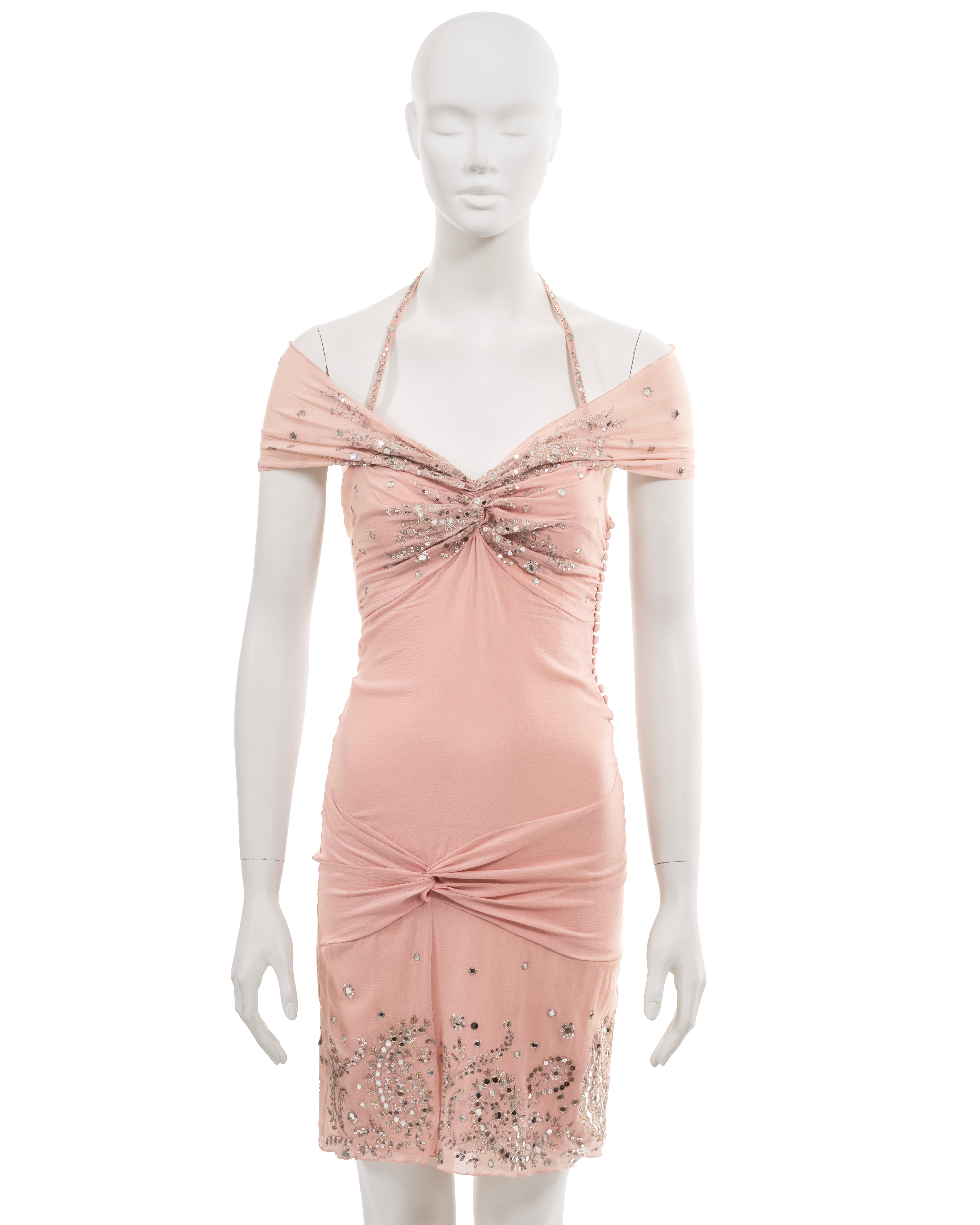 ▪ Christian Dior evening mini dress 
▪ Creative Director: John Galliano
▪ Spring-Summer 2004
▪ Sold by One of a Kind Archive
▪ Double-layered pink silk-lycra
▪ Off-shoulder straps and halterneck ties 
▪ Silver thread embroidery 
▪ Glass mirror