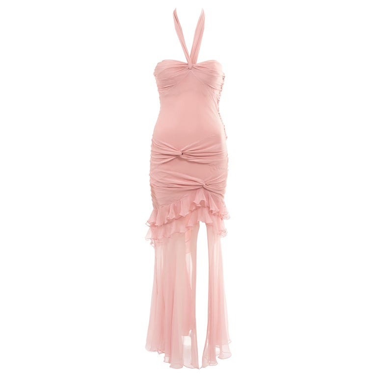open lace back dress Christian Dior by John Galliano Pink Red Silk Asymmetric Halterneck Dr   PaumLosAngeles
