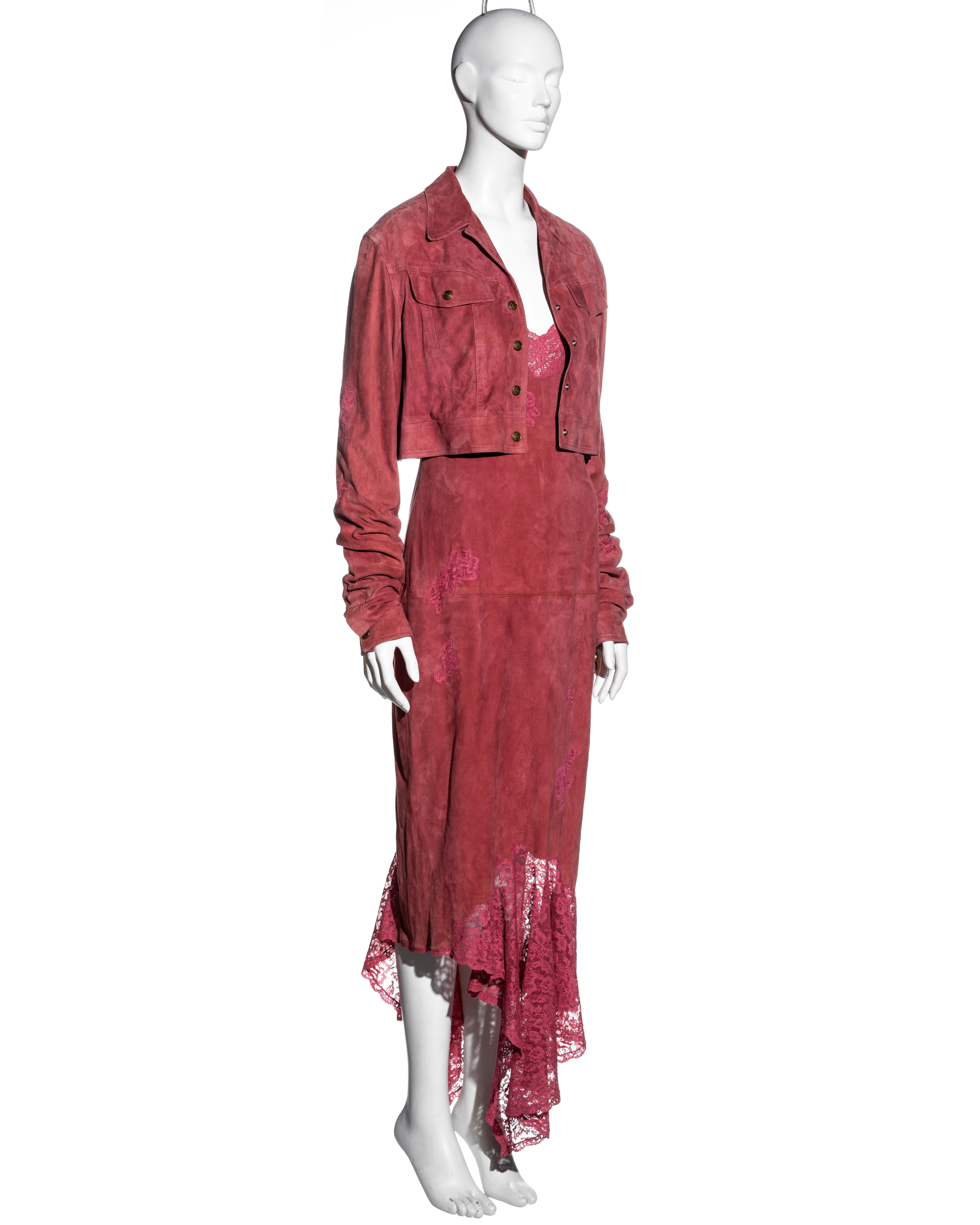 Christian Dior by John Galliano vestido y chaqueta de ante y encaje rosa, fw 2000 en venta 1