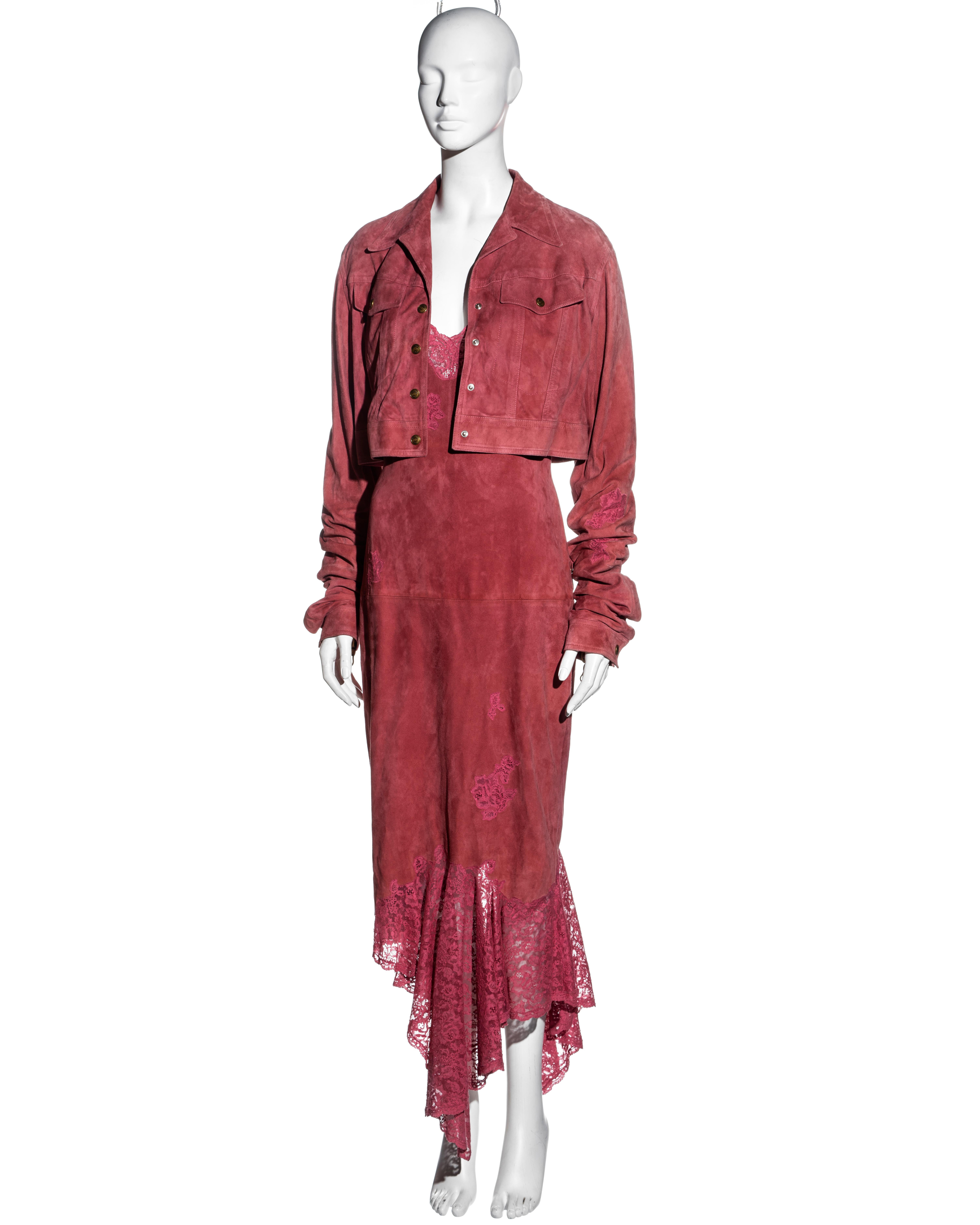 Christian Dior by John Galliano vestido y chaqueta de ante y encaje rosa, fw 2000 en venta 3