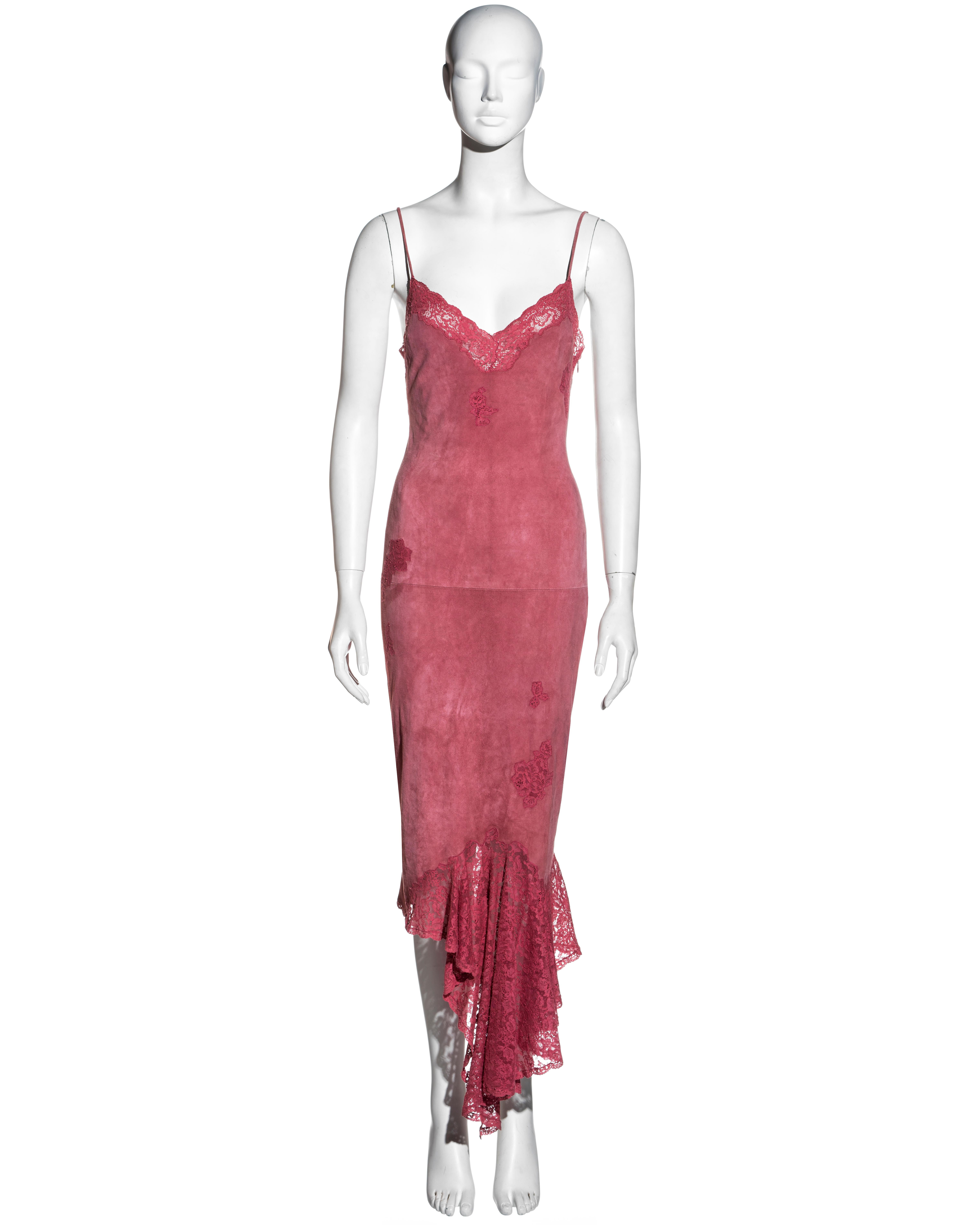 ▪ Christian Dior pink suede and lace slip dress
▪ Designed by John Galliano
▪ Calais lace inserts, skirt, and trim 
▪ Spaghetti straps 
▪ Silk lining
▪ Handkerchief hemline 
▪ FR 40 - UK 12 - US 8
▪ Leather: 100% Velvet Goat  Lace: 90% Cotton, 10%
