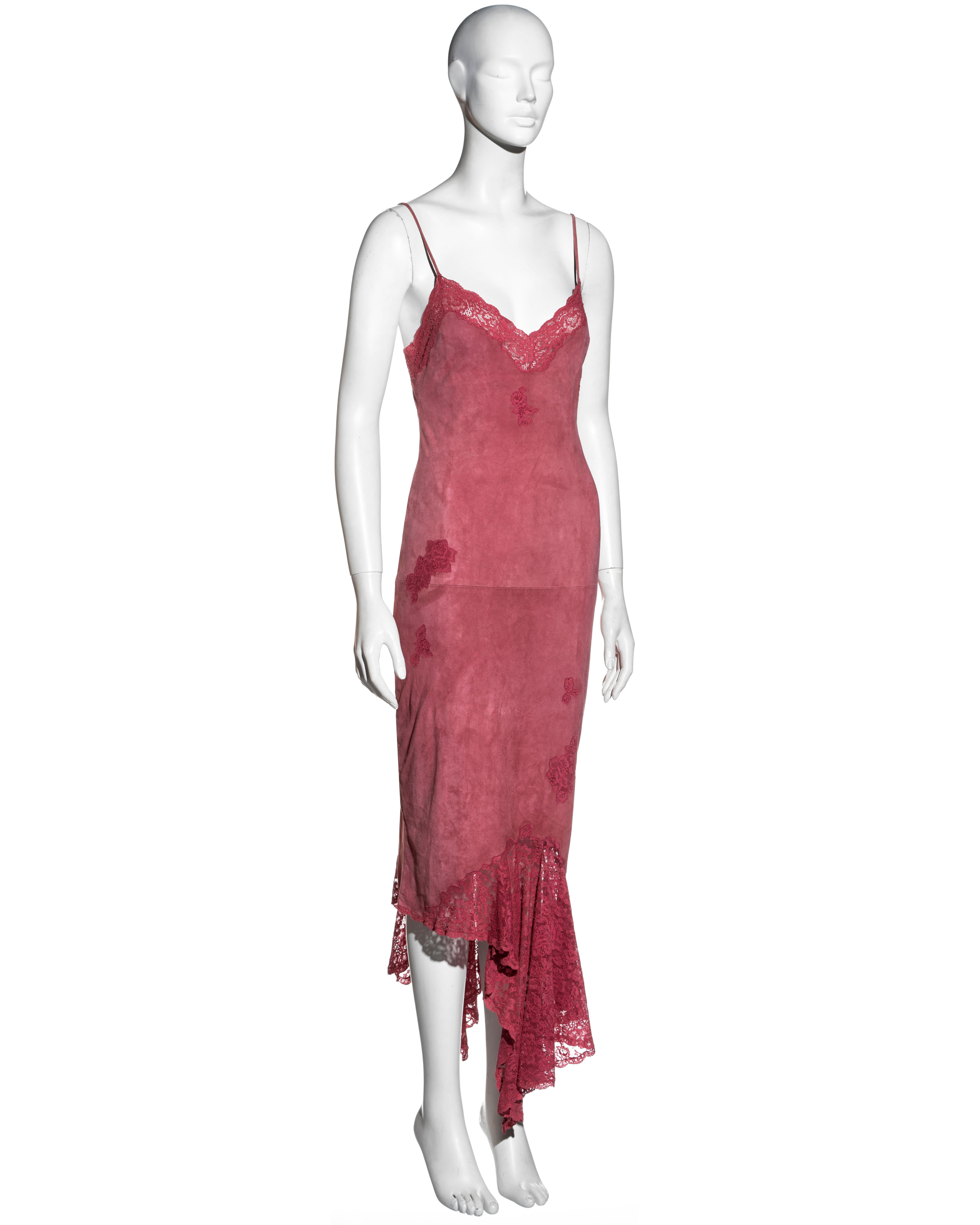 Pink Christian Dior by John Galliano pink suede and lace slip dress, fw 2000