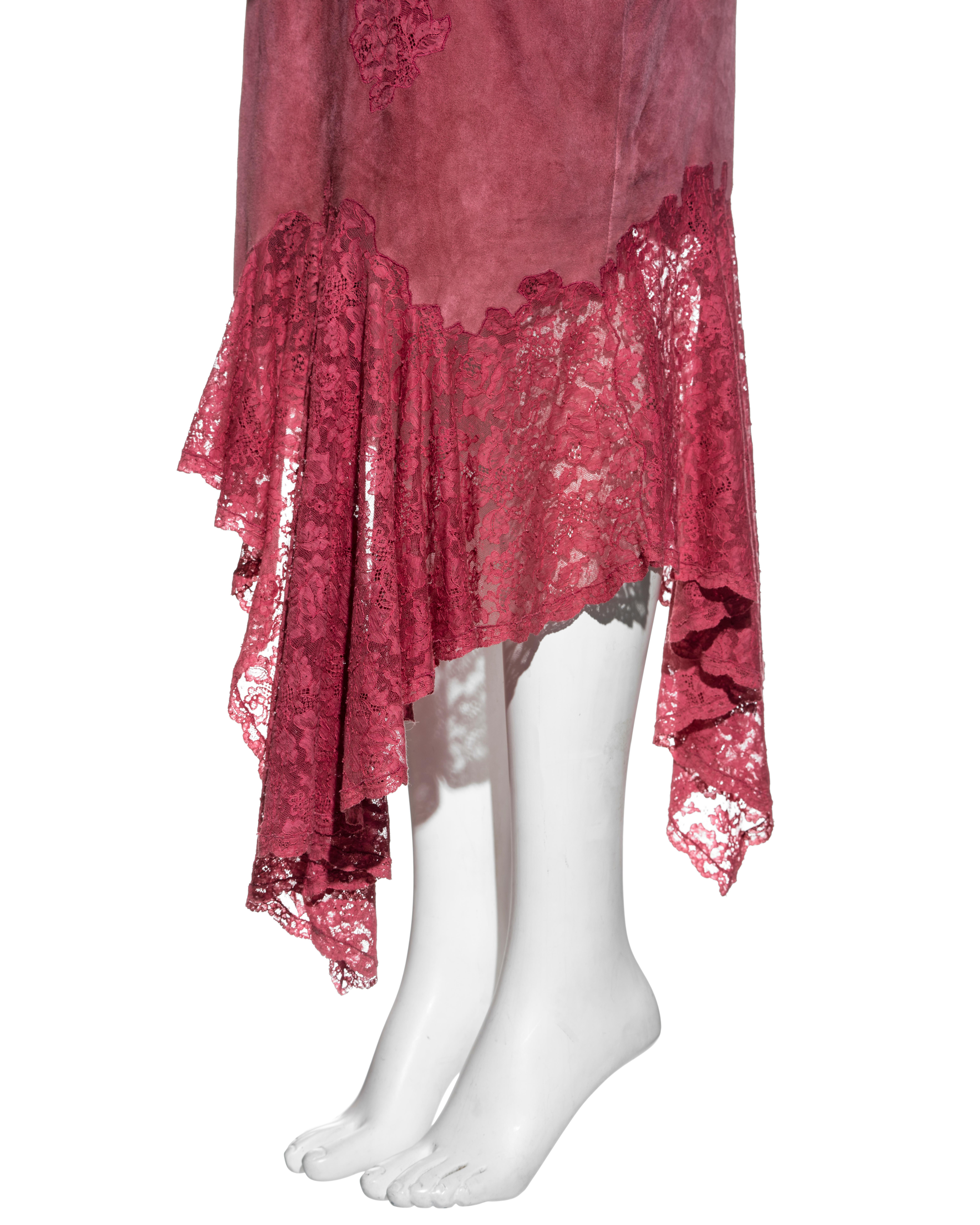 Women's Christian Dior by John Galliano pink suede and lace slip dress, fw 2000