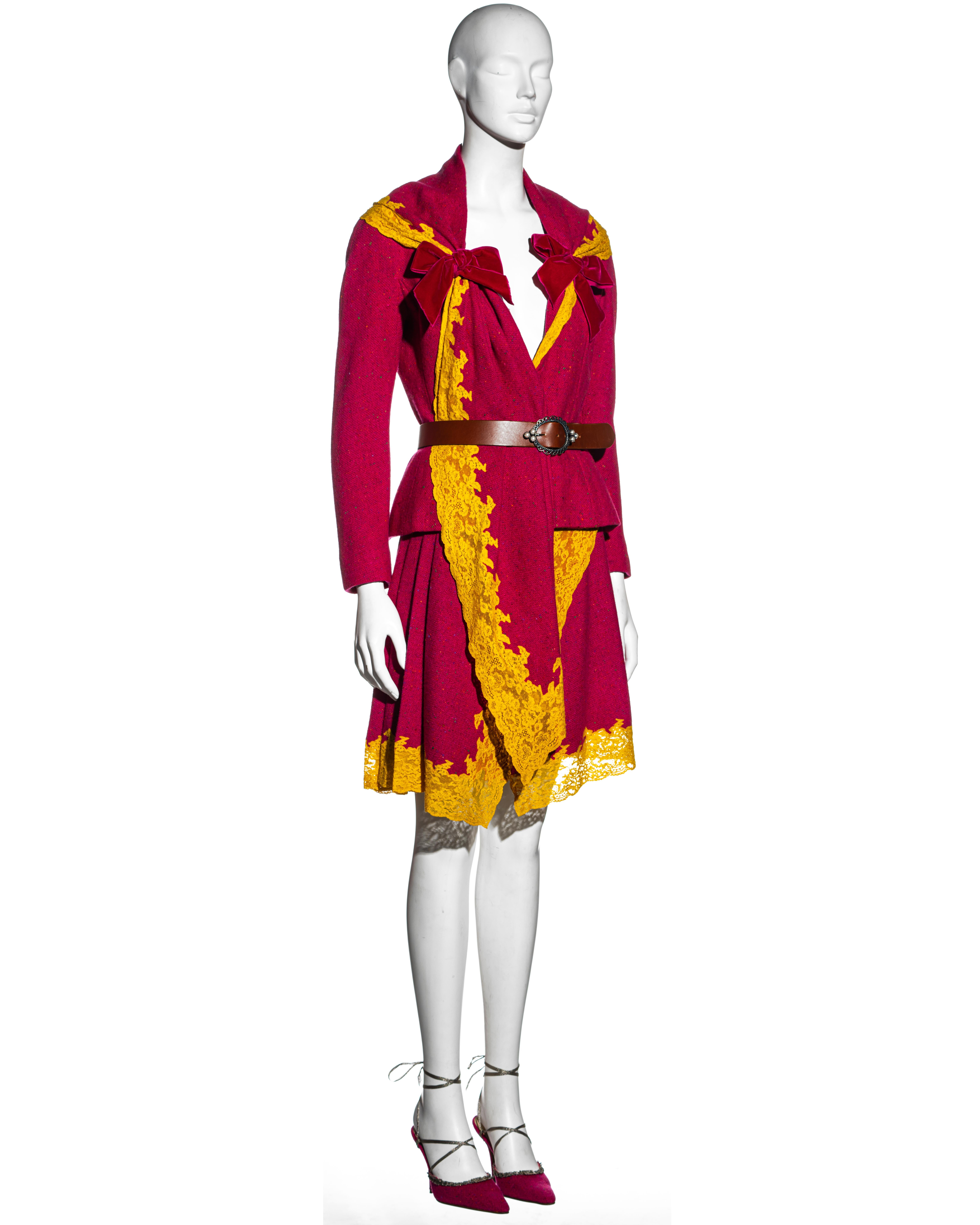 Red Christian Dior by John Galliano pink tweed and yellow lace skirt suit, fw 1998 For Sale
