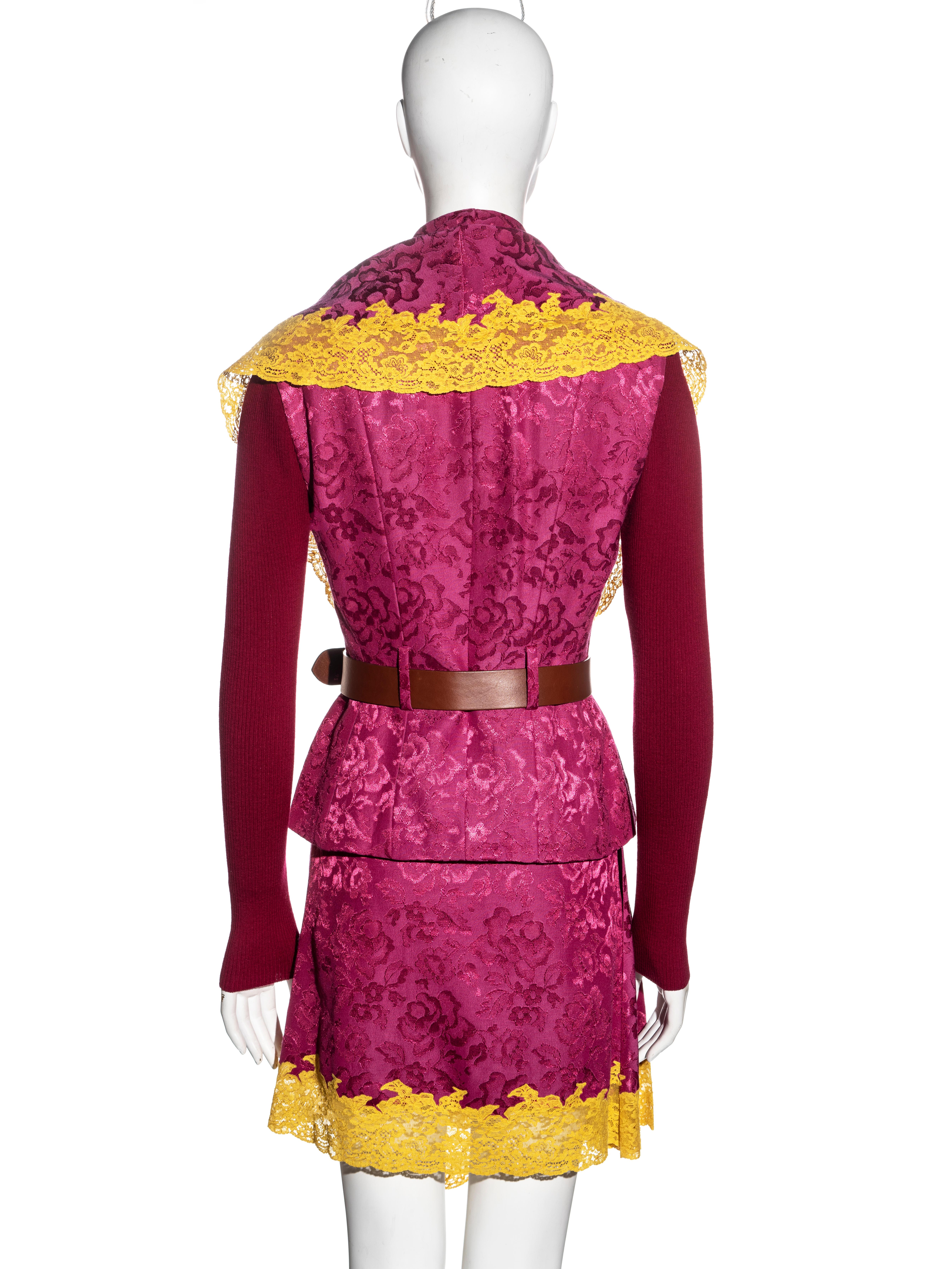 Christian Dior by John Galliano pink wool and yellow lace skirt suit, fw 1998 For Sale 2
