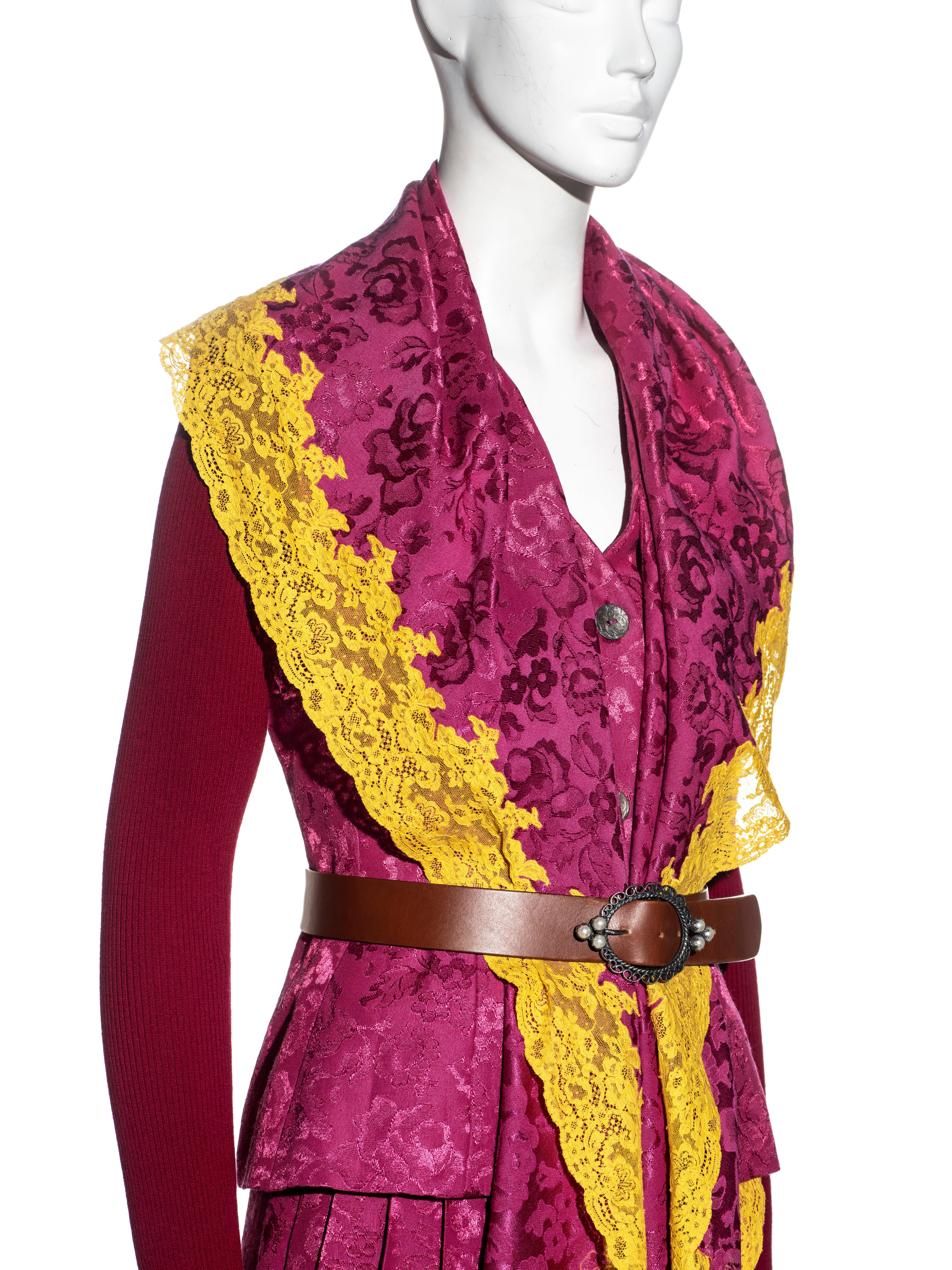 Red Christian Dior by John Galliano pink wool and yellow lace skirt suit, fw 1998 For Sale