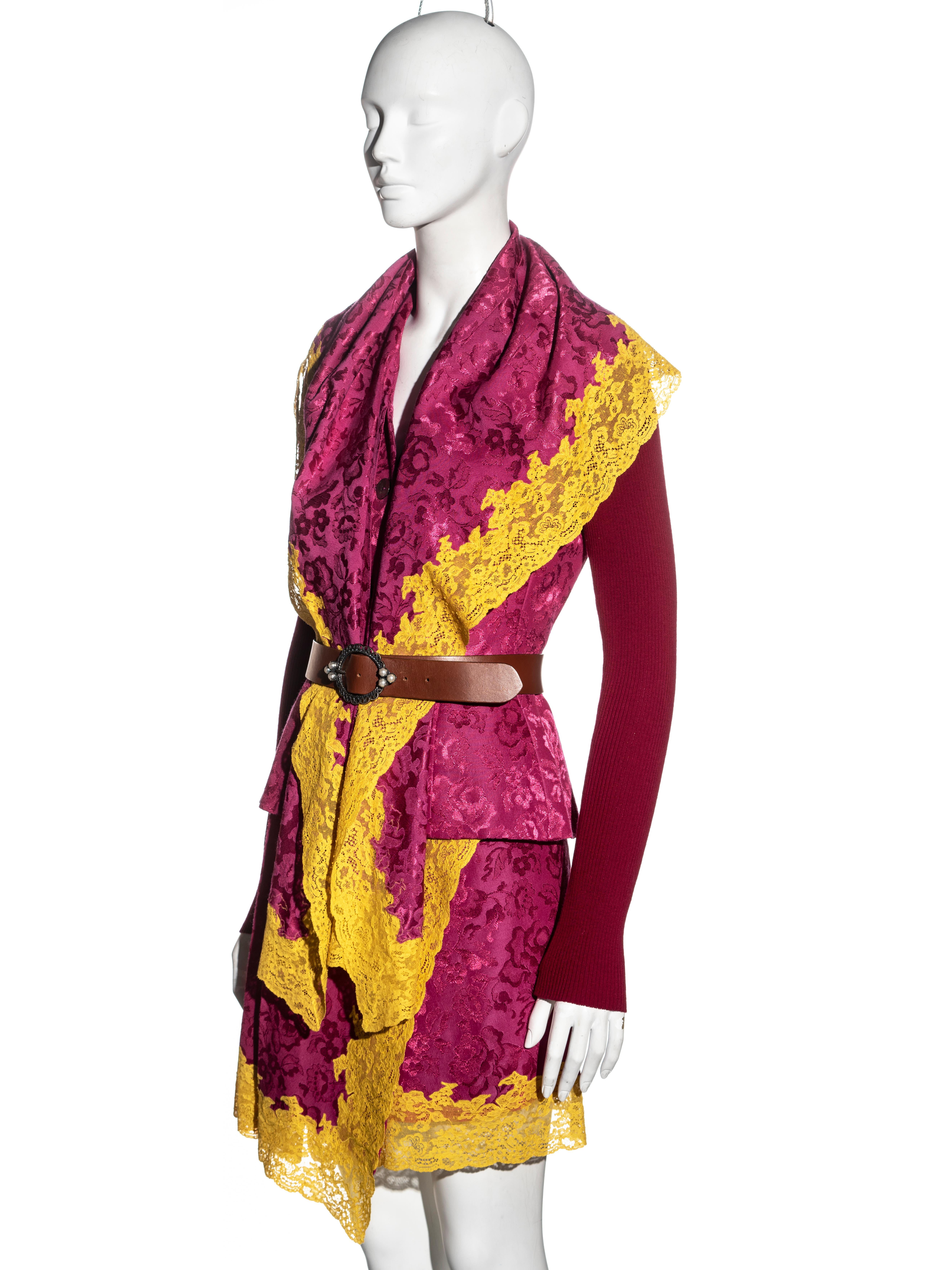 Women's Christian Dior by John Galliano pink wool and yellow lace skirt suit, fw 1998 For Sale