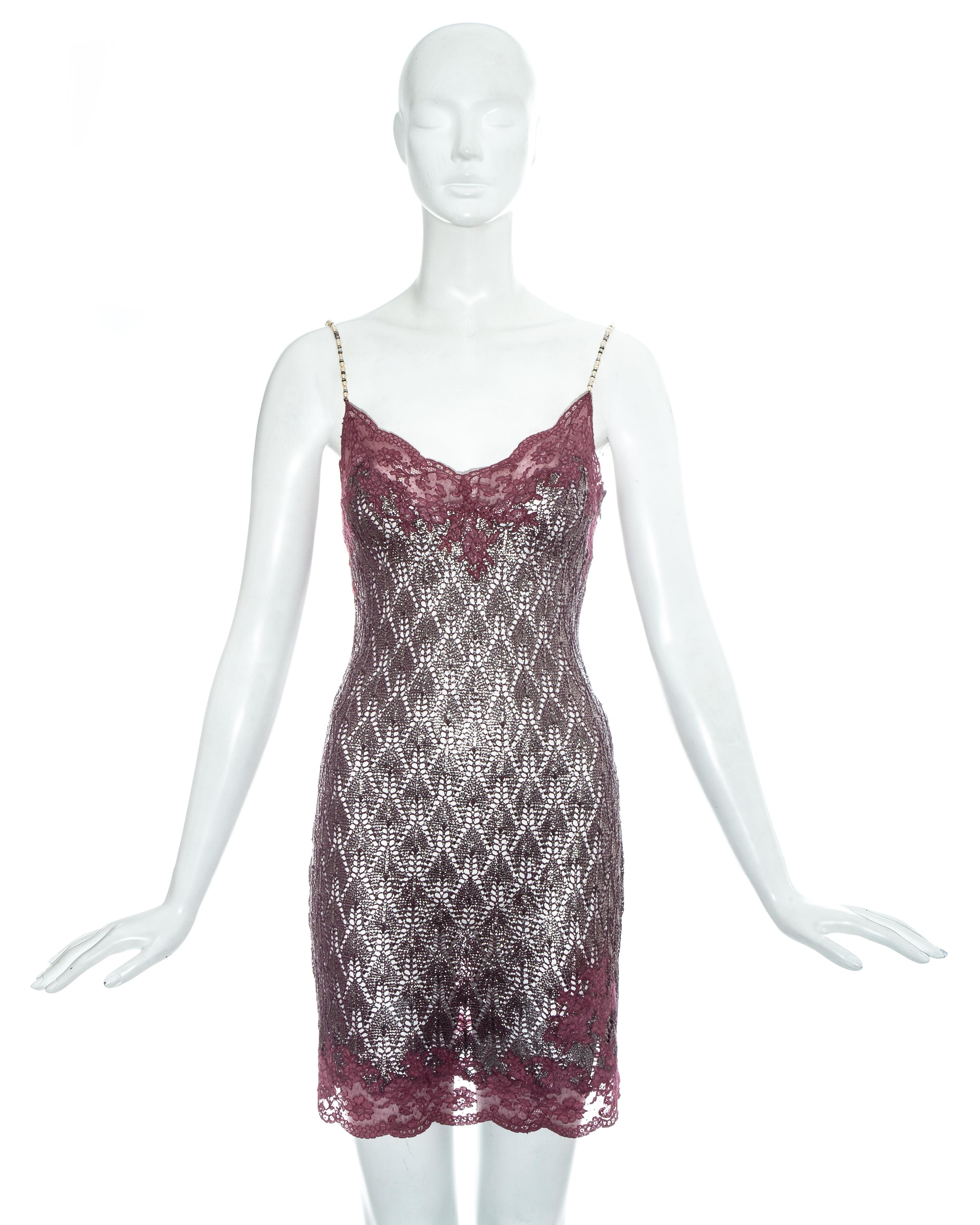 Christian Dior by John Galliano metallic silver and plum crochet knit evening mini dress with lace trim and beaded spaghetti straps  

Spring-Summer 1998
