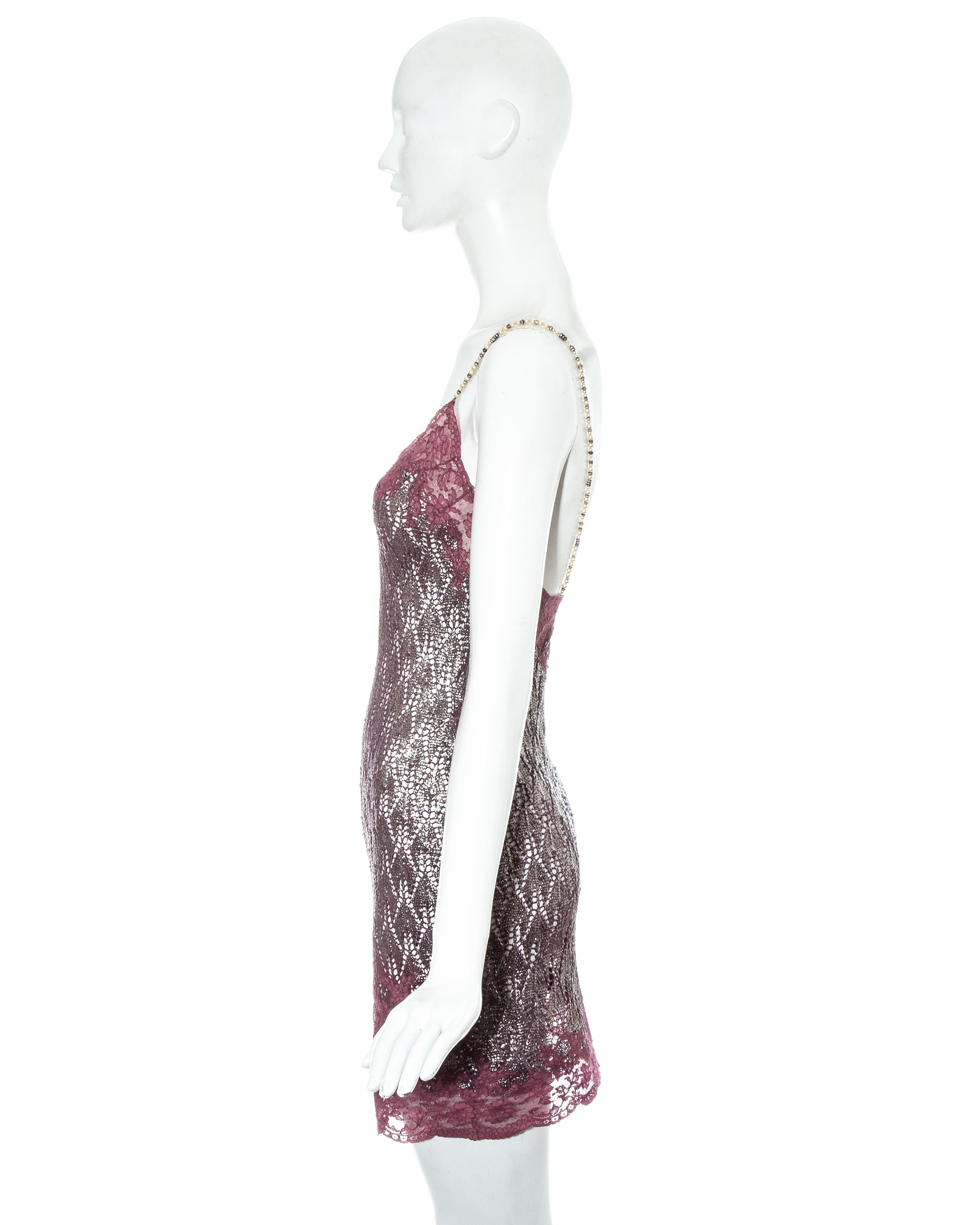 Gray Christian Dior by John Galliano plum crochet knit and lace slip dress, ss 1998