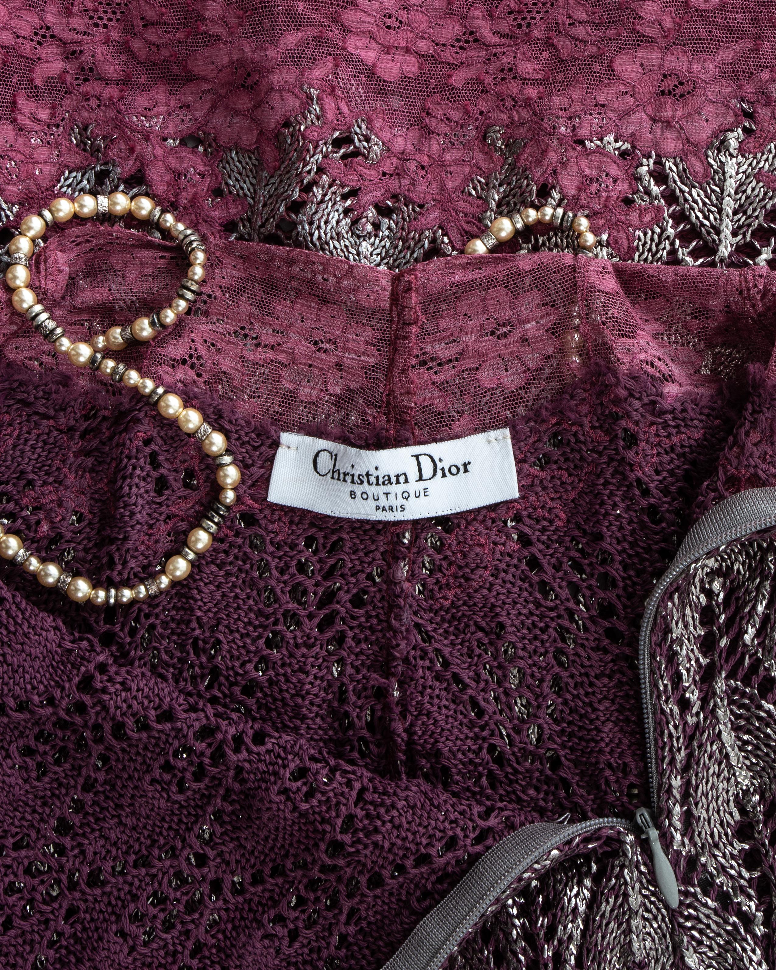 Christian Dior by John Galliano plum crochet knit and lace slip dress, ss 1998 1