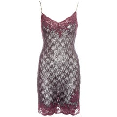 Retro Christian Dior by John Galliano plum crochet knit and lace slip dress, ss 1998