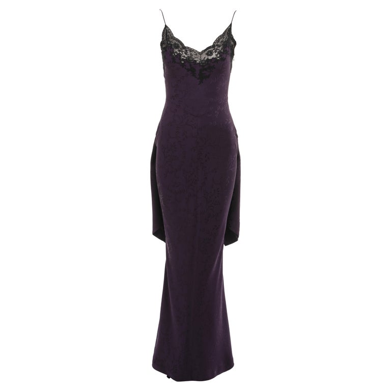 black and purple floral christian dior dress Christian Dior by John Galliano plum floral satin damask evening dress, ss  1998 at 1stDibs