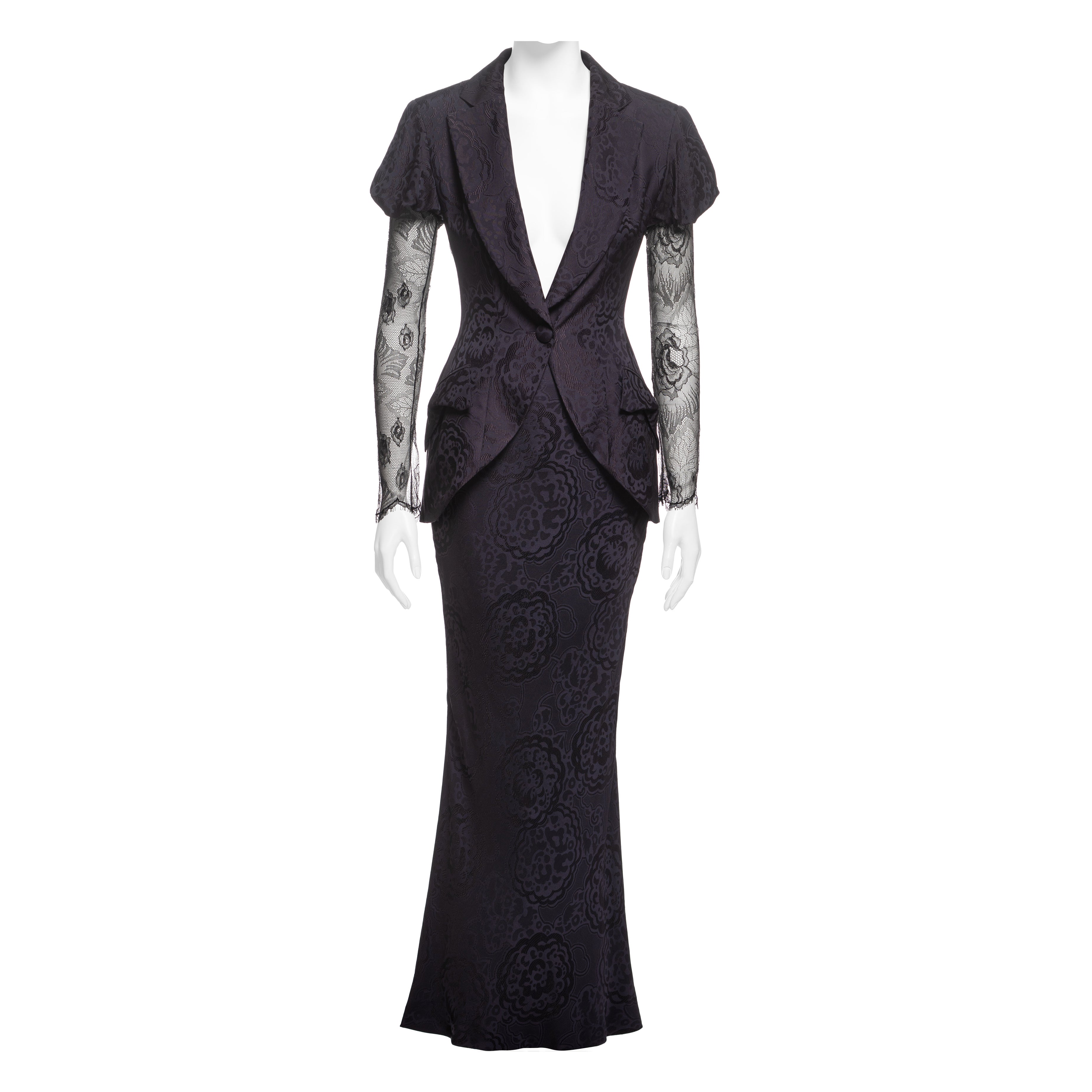 Christian Dior by John Galliano Plum Silk Jacquard and Lace Skirt Suit, SS 1999