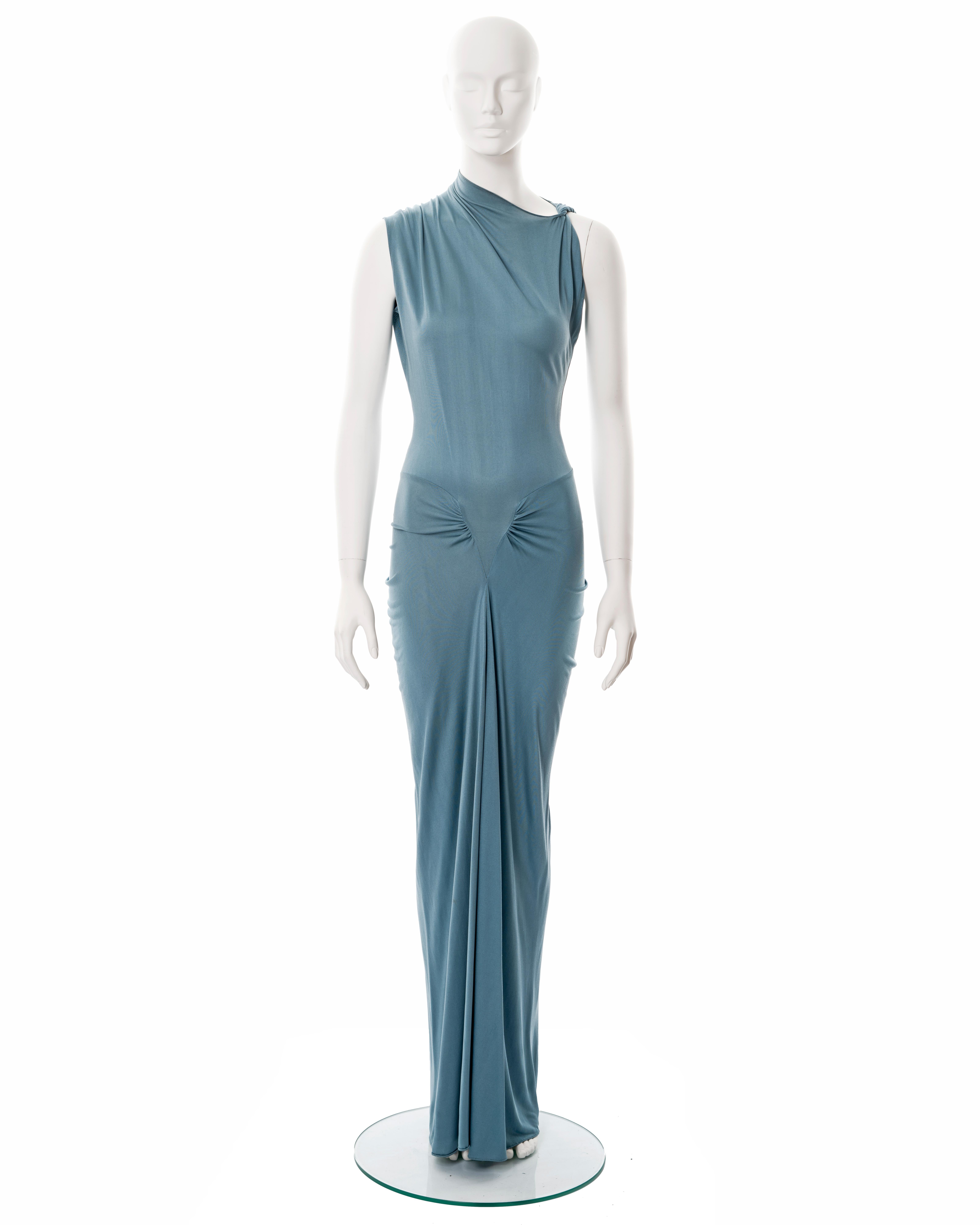 ▪ Christian Dior powder-blue silk jersey evening dress
▪ Designed by John Galliano
▪ Spring-Summer 2000
▪ Constructed from 100% silk jersey
▪ Asymmetric neckline with off-centre head hole and twisted left shoulder strap 
▪ Gathered v-seam 
▪