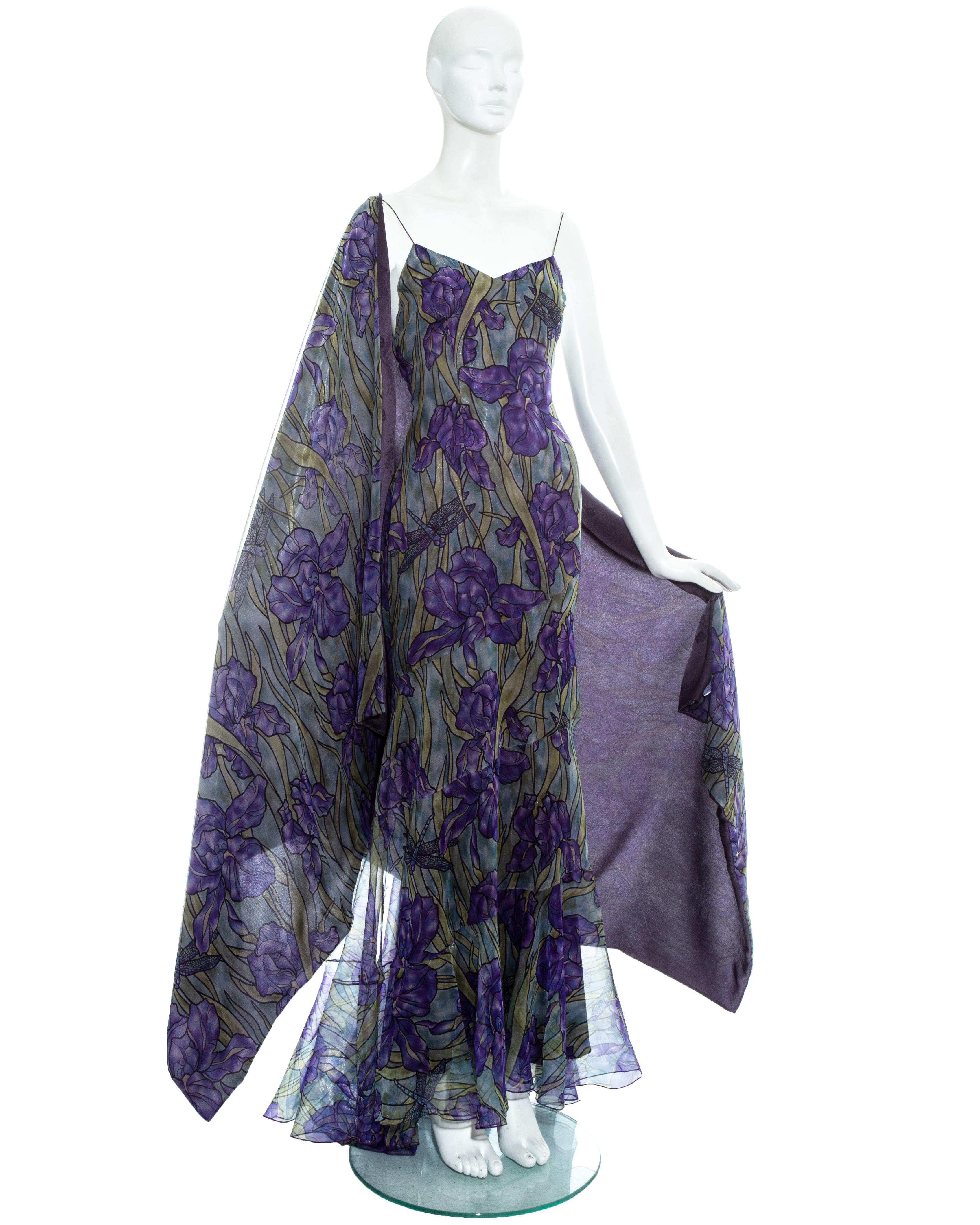 Christian Dior by John Galliano purple floral printed silk organza trained evening dress and large shawl with floral silk brocade lining

Fall-Winter 1998