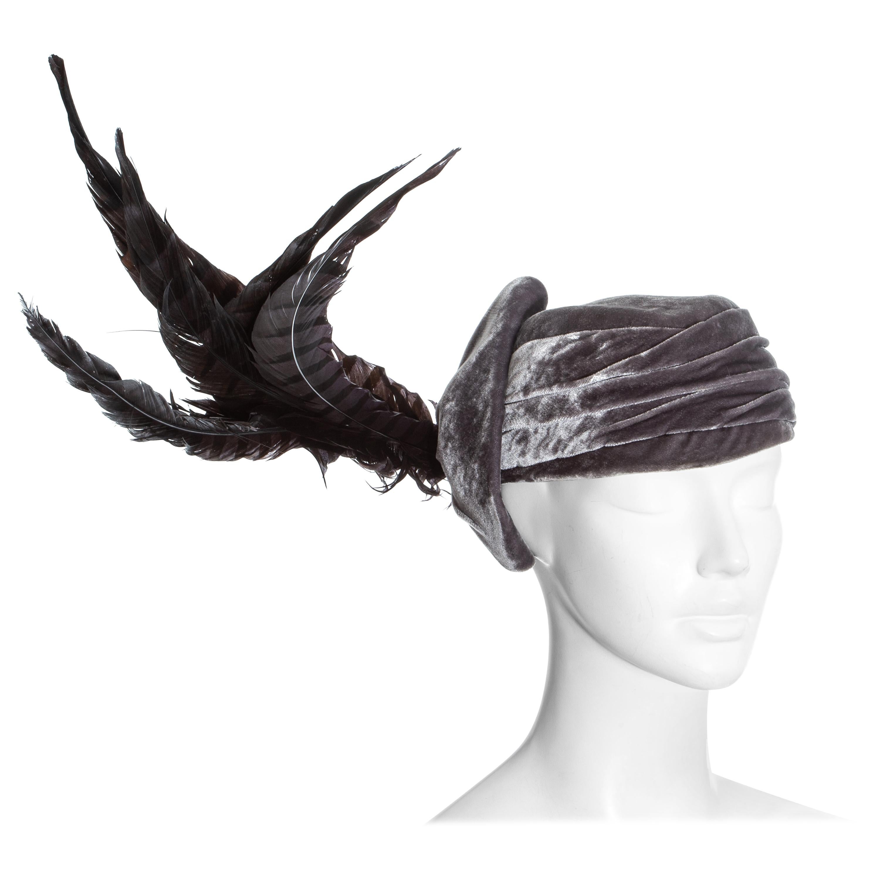 Christian Dior by John Galliano purple velvet pill box hat with feathers
