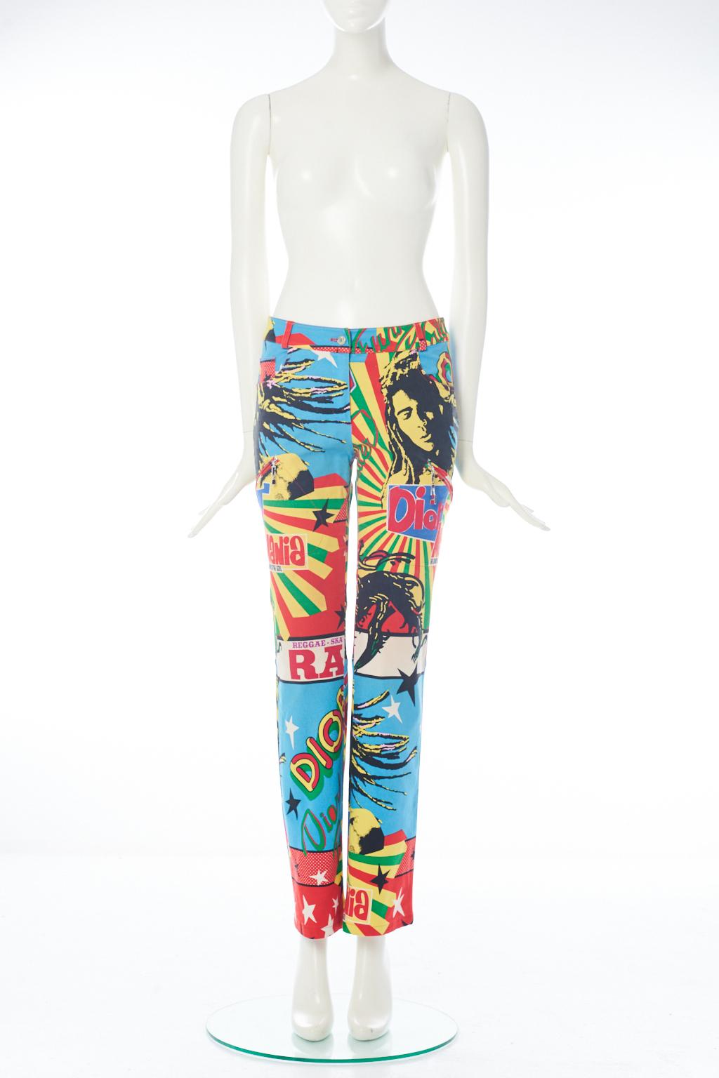 From the iconic John Galliano years for Christian Dior, this graphic multicolor printed cotton pants are from the 2003 