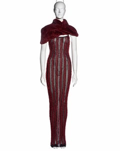 Christian Dior by John Galliano red floor-length dress and fur snood, fw 1999