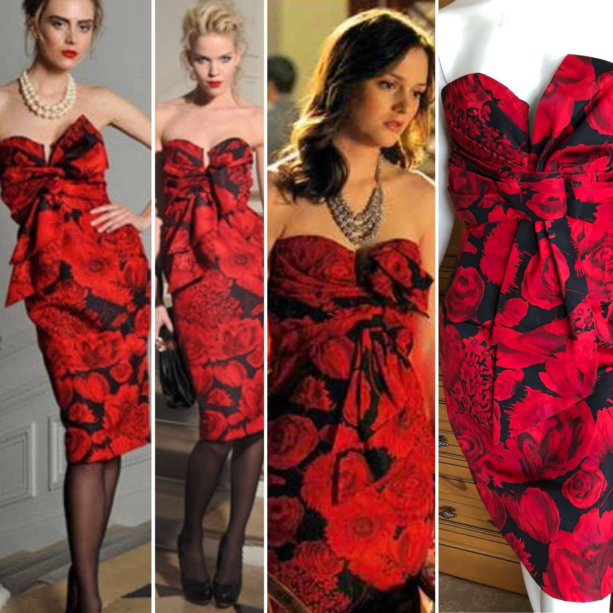 Christian Dior Pre Fall 2009 by John Galliano Red Floral Strapless Dress.
There is a full corset in the bodice, so classic Galliano/Dior.
This is so pretty and was worn in the TV series Gossip Girl by Blair Waldorf played by Leighton Meester.

Size