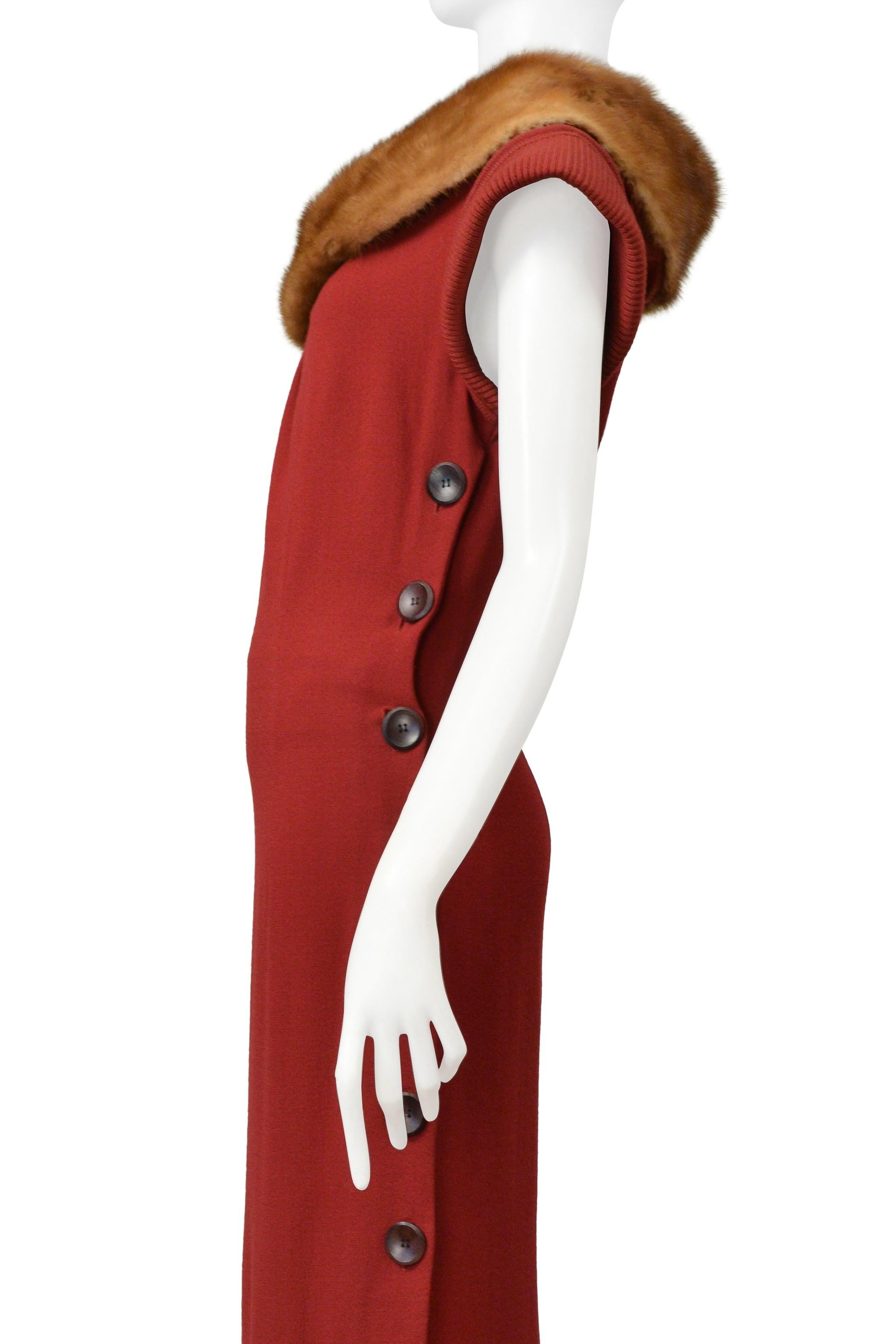 Christian Dior By John Galliano Red Knit Dress With Mink Collar & Buttons 1999 In Good Condition For Sale In Los Angeles, CA