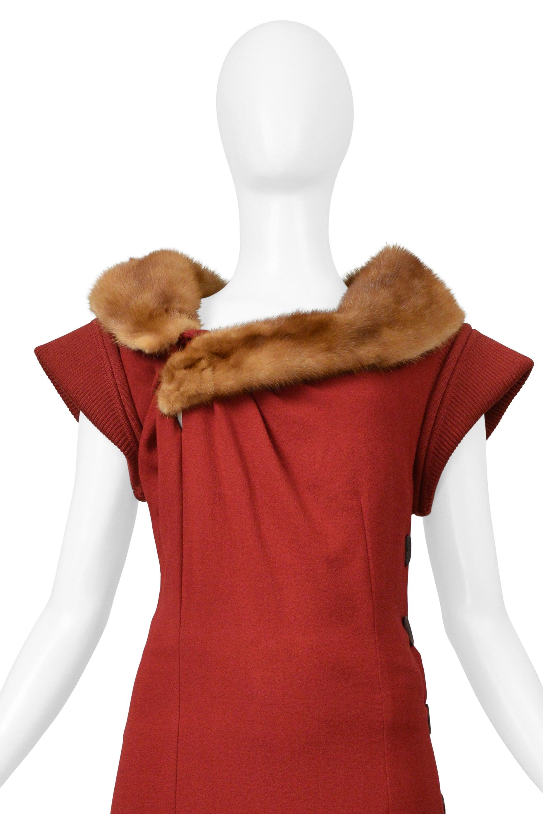 Women's Christian Dior By John Galliano Red Knit Dress With Mink Collar & Buttons 1999 For Sale