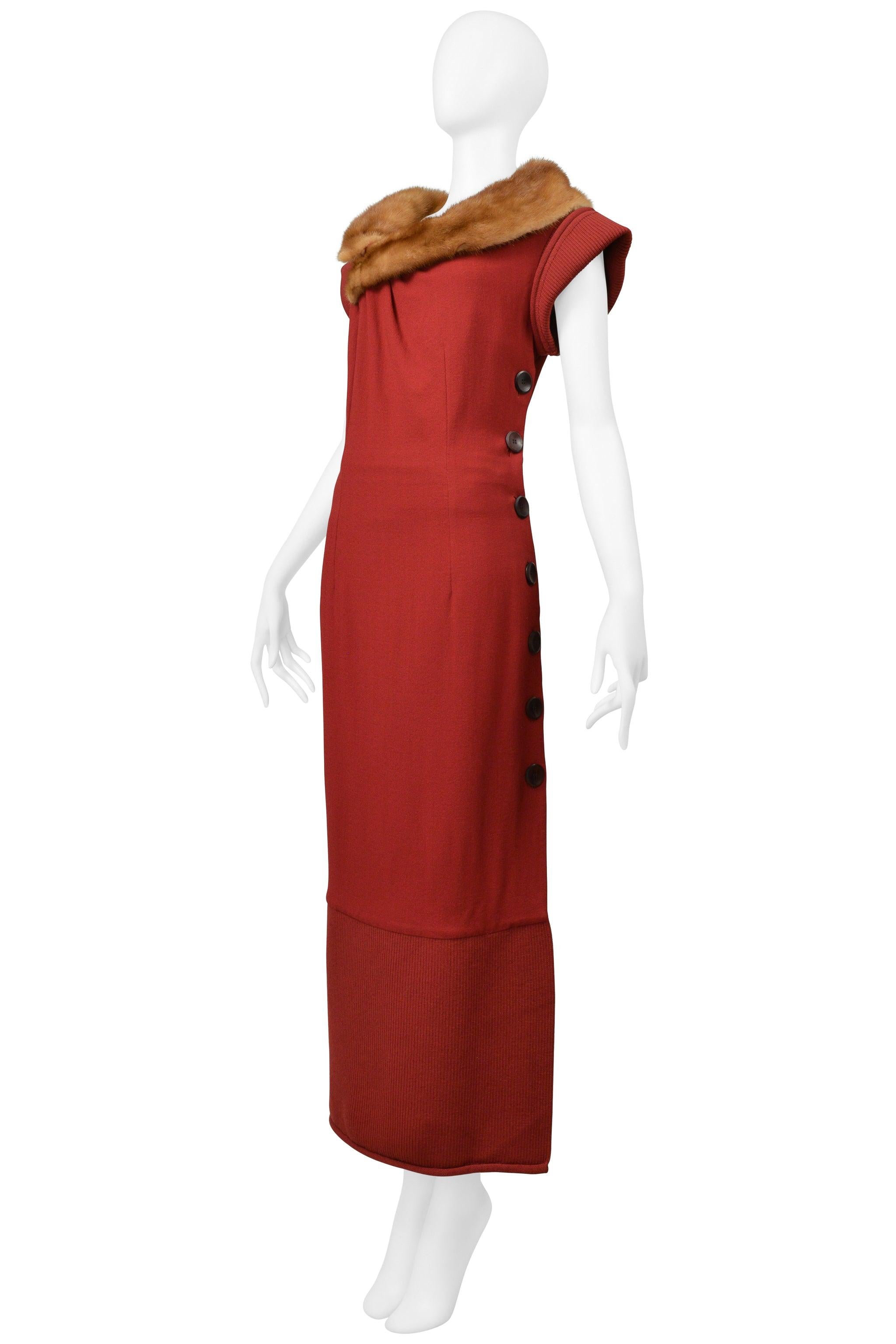 Christian Dior By John Galliano Red Knit Dress With Mink Collar & Buttons 1999 For Sale 1