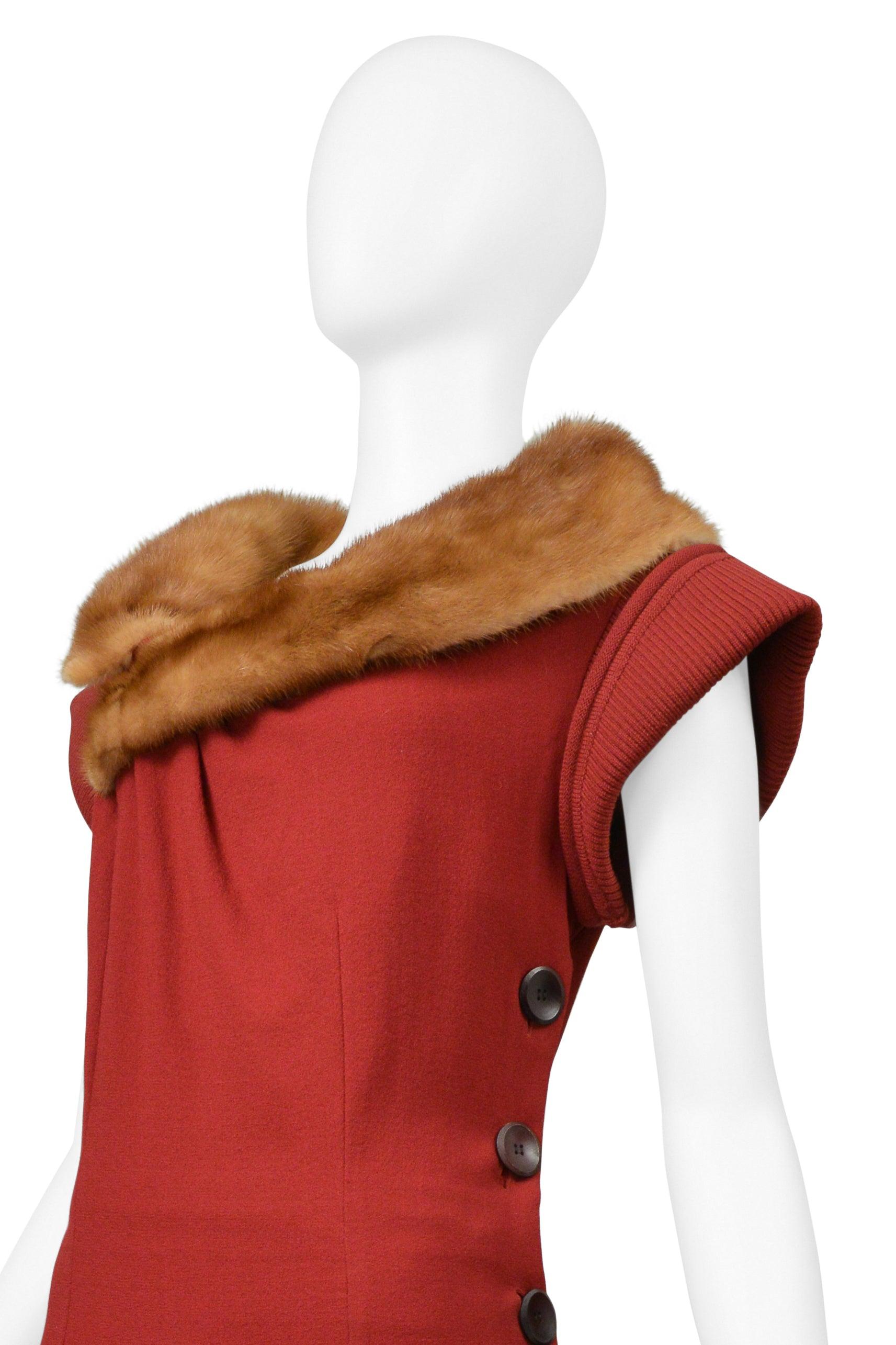 Christian Dior By John Galliano Red Knit Dress With Mink Collar & Buttons 1999 For Sale 2
