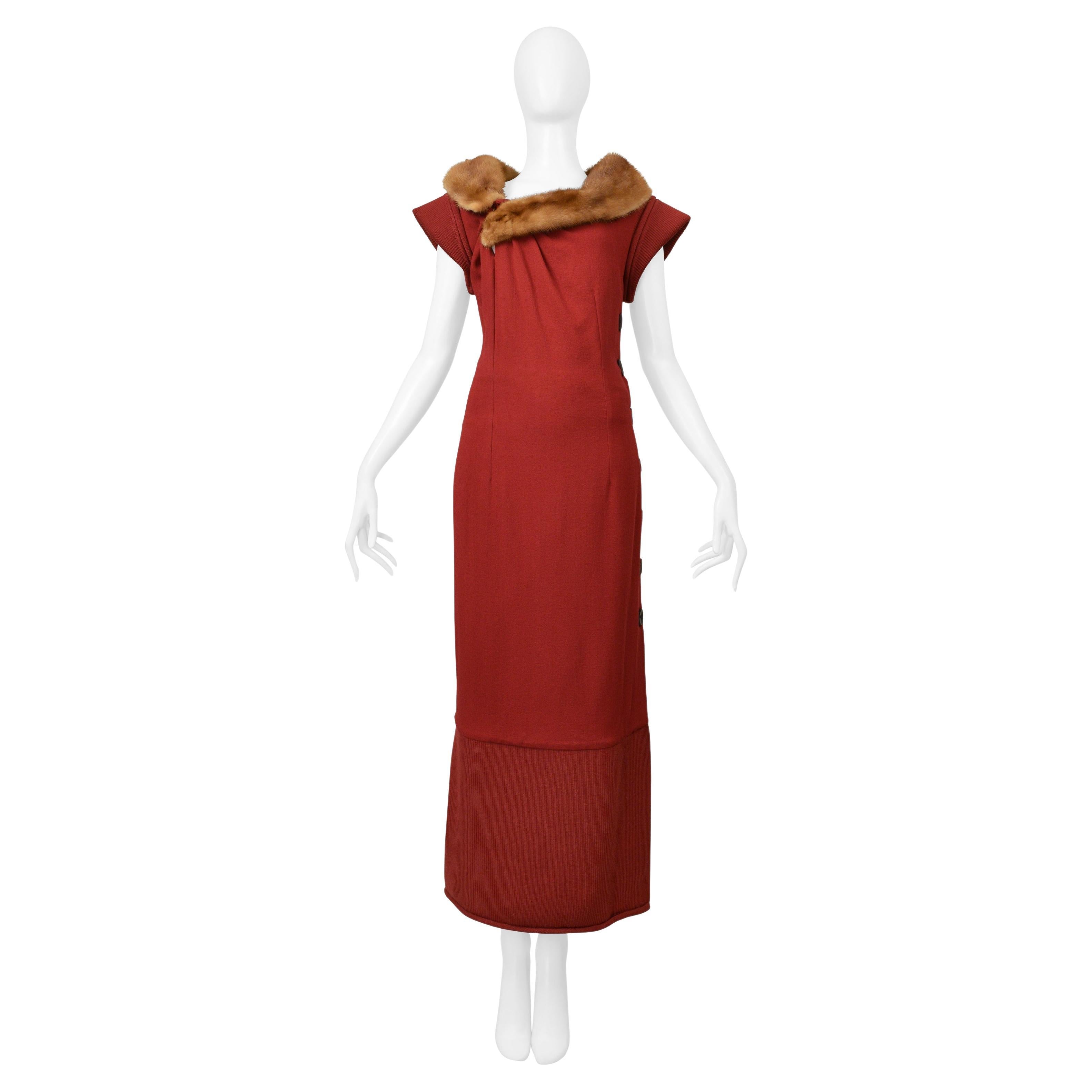 Christian Dior By John Galliano Red Knit Dress With Mink Collar & Buttons 1999 For Sale