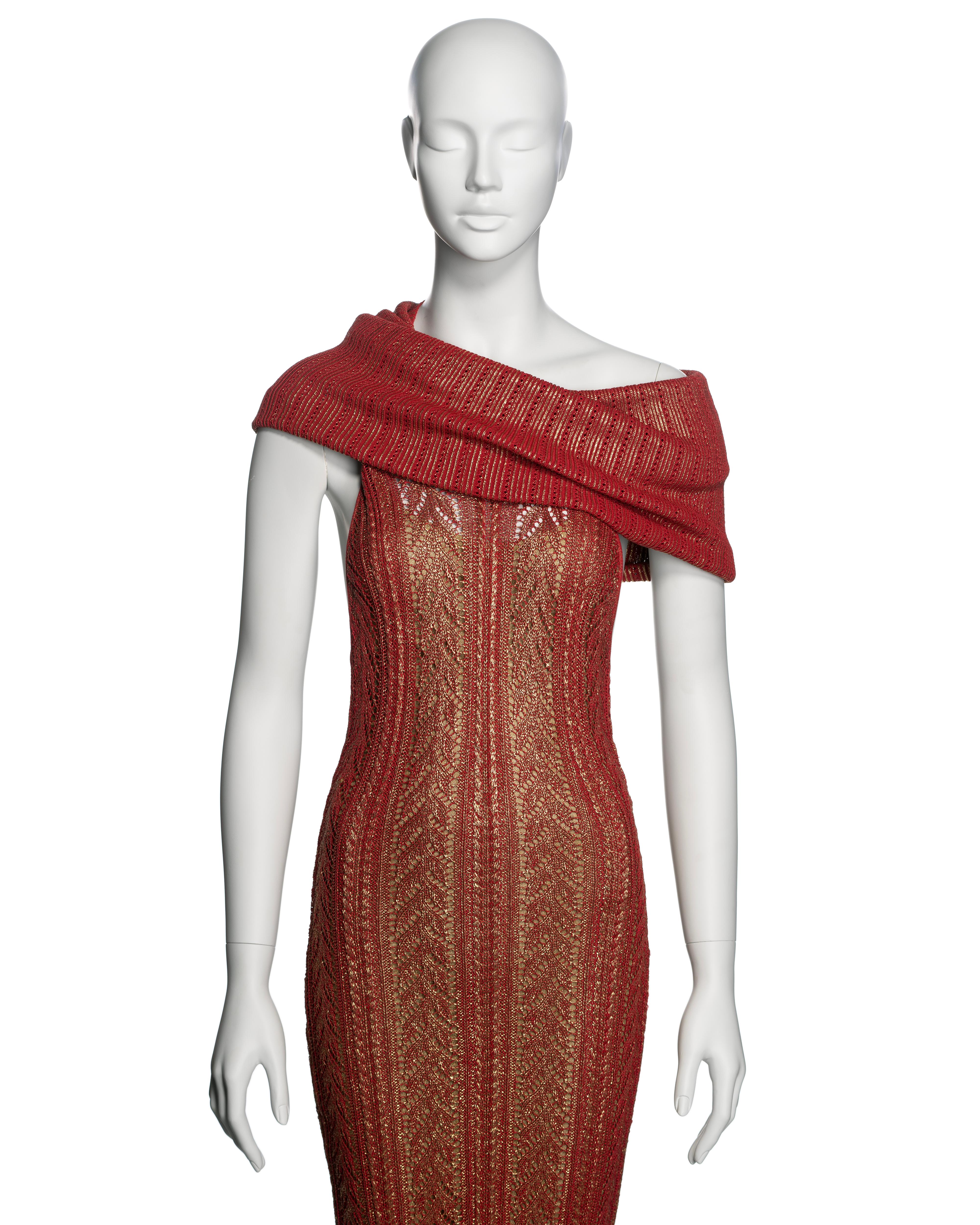 Marrone Christian Galliano for Christian Dior, John Galliano Red Lace Knitted Gold Foil Halter Dress, AI 1999 in vendita