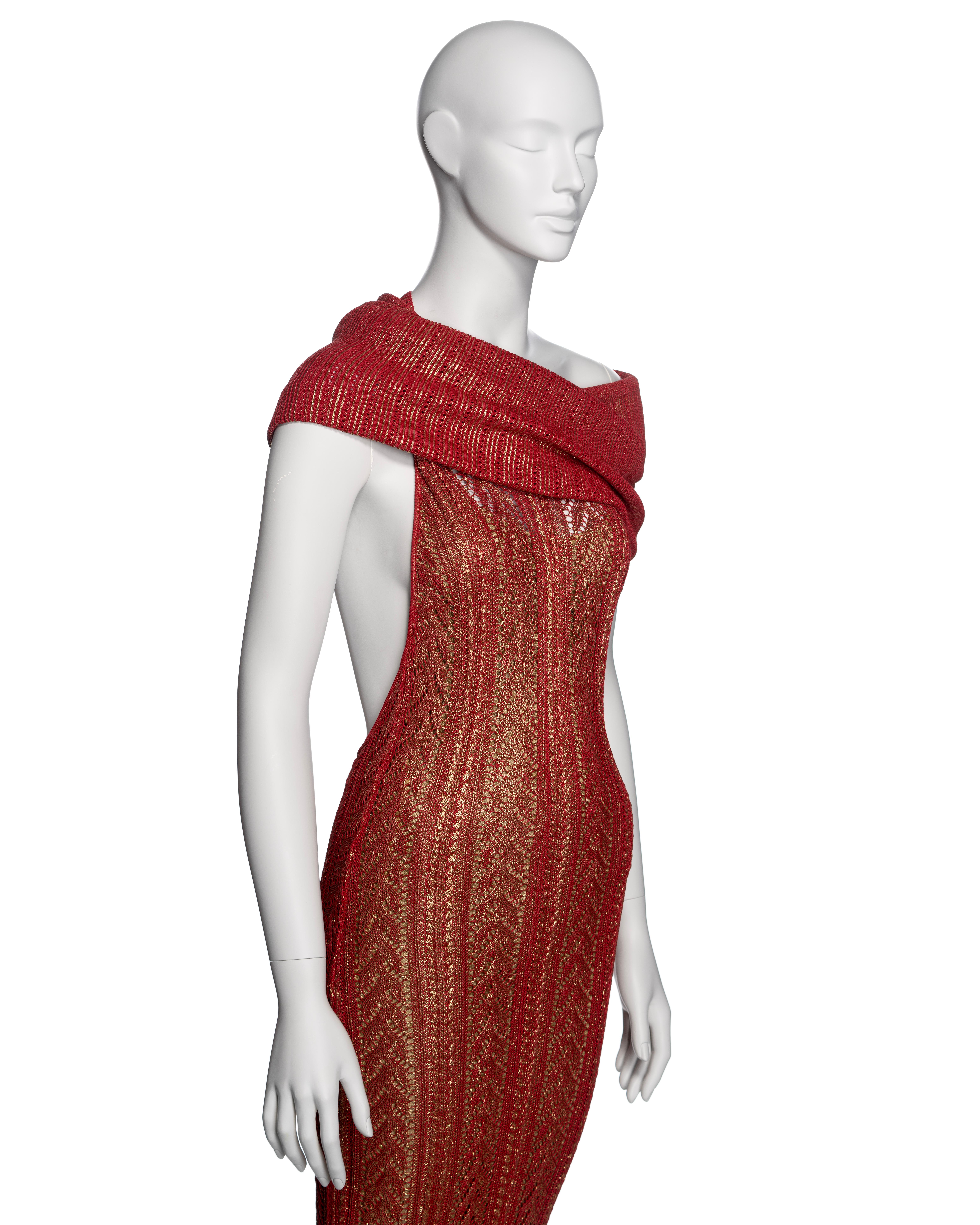 Christian Galliano for Christian Dior, John Galliano Red Lace Knitted Gold Foil Halter Dress, AI 1999 in vendita 1