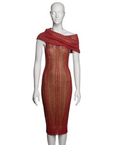 Christian Dior by John Galliano Red Lace Knitted Gold Foil Halter Dress, FW 1999