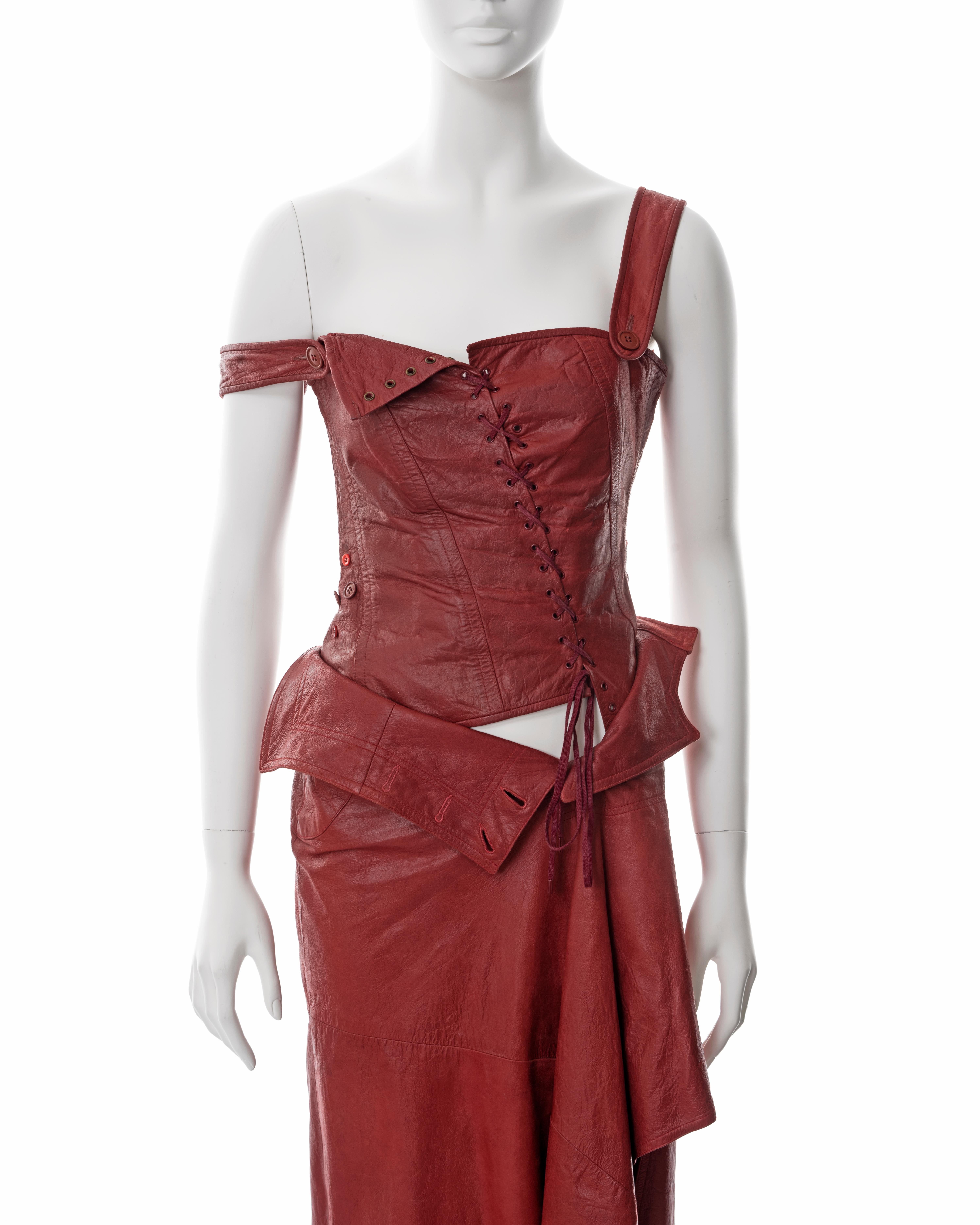Women's Christian Dior by John Galliano red lambskin leather corset and skirt, ss 2000