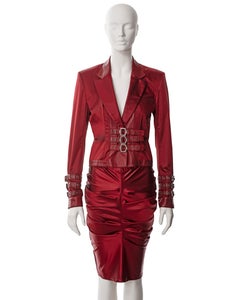 Christian Dior by John Galliano red satin and leather skirt suit, fw 2003