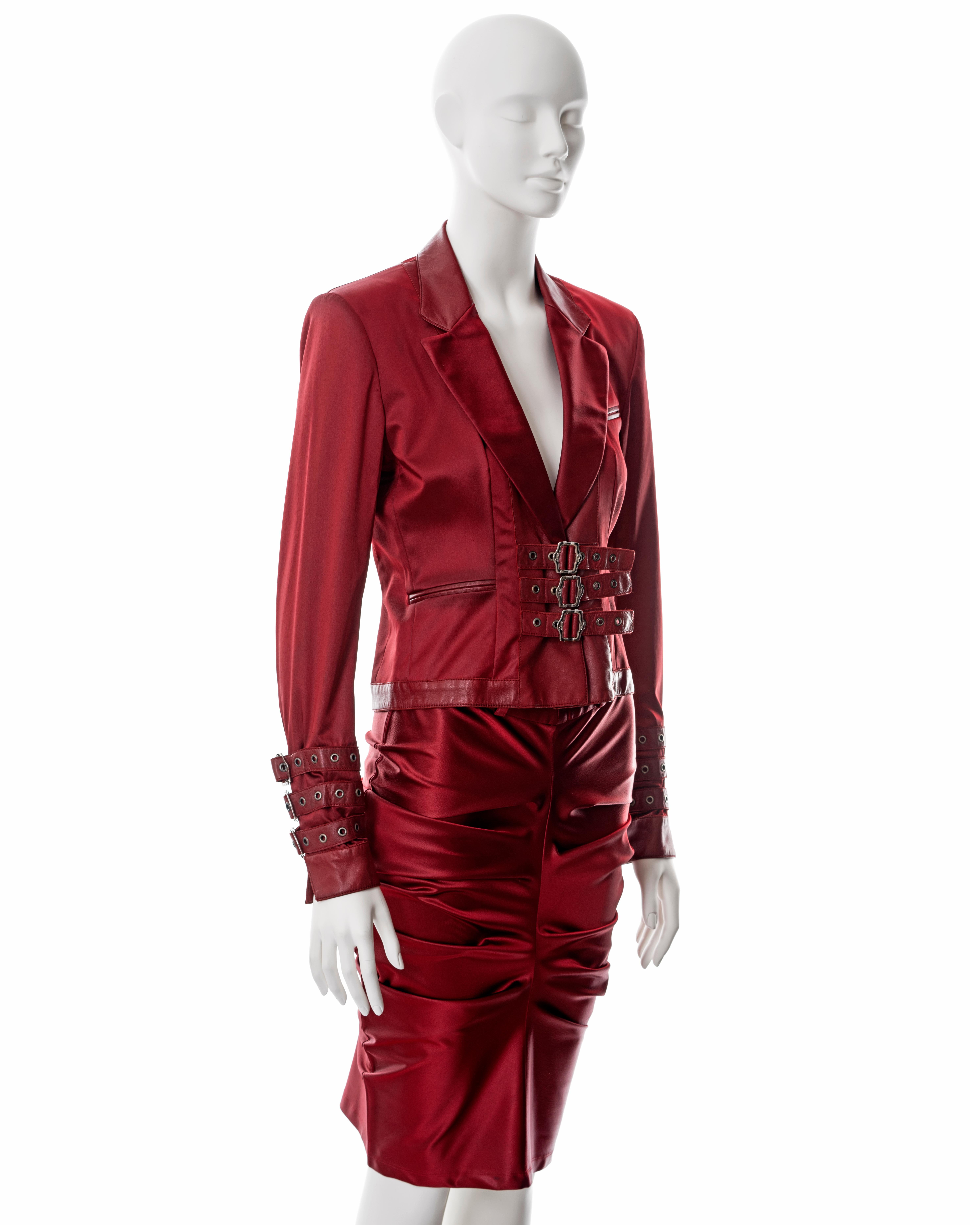 Women's Christian Dior by John Galliano red satin and leather skirt suit, fw 2003 For Sale