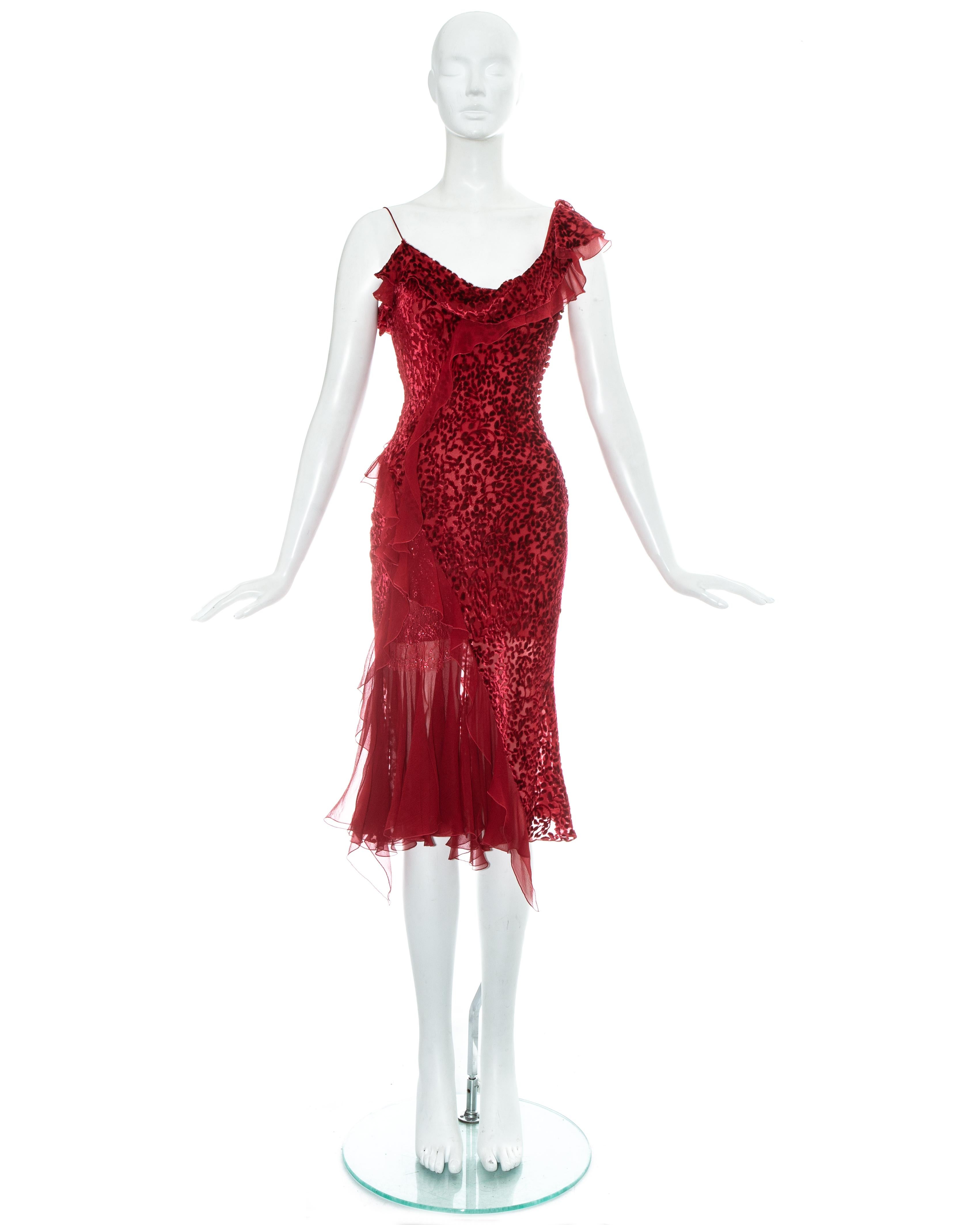 Christian Dior by John Galliano; red silk devoré mid length evening dress

- Flounced chiffon crossover and edging
- Lingerie style lace underskirt 
- Multiple fabric button fastenings on side seam

Fall-Winter 2002