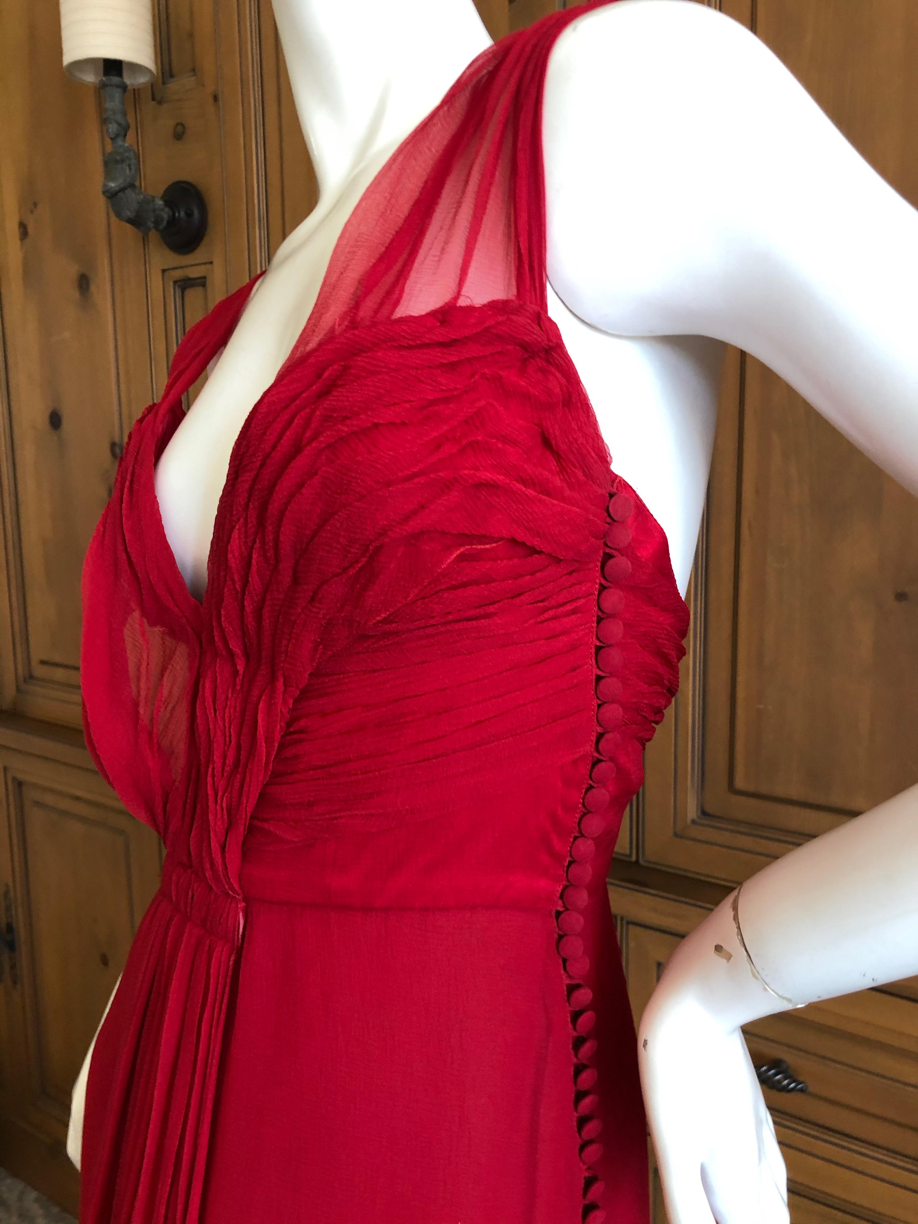 Women's Christian Dior by John Galliano Red Silk Plunging Pleated Silk Dress  For Sale