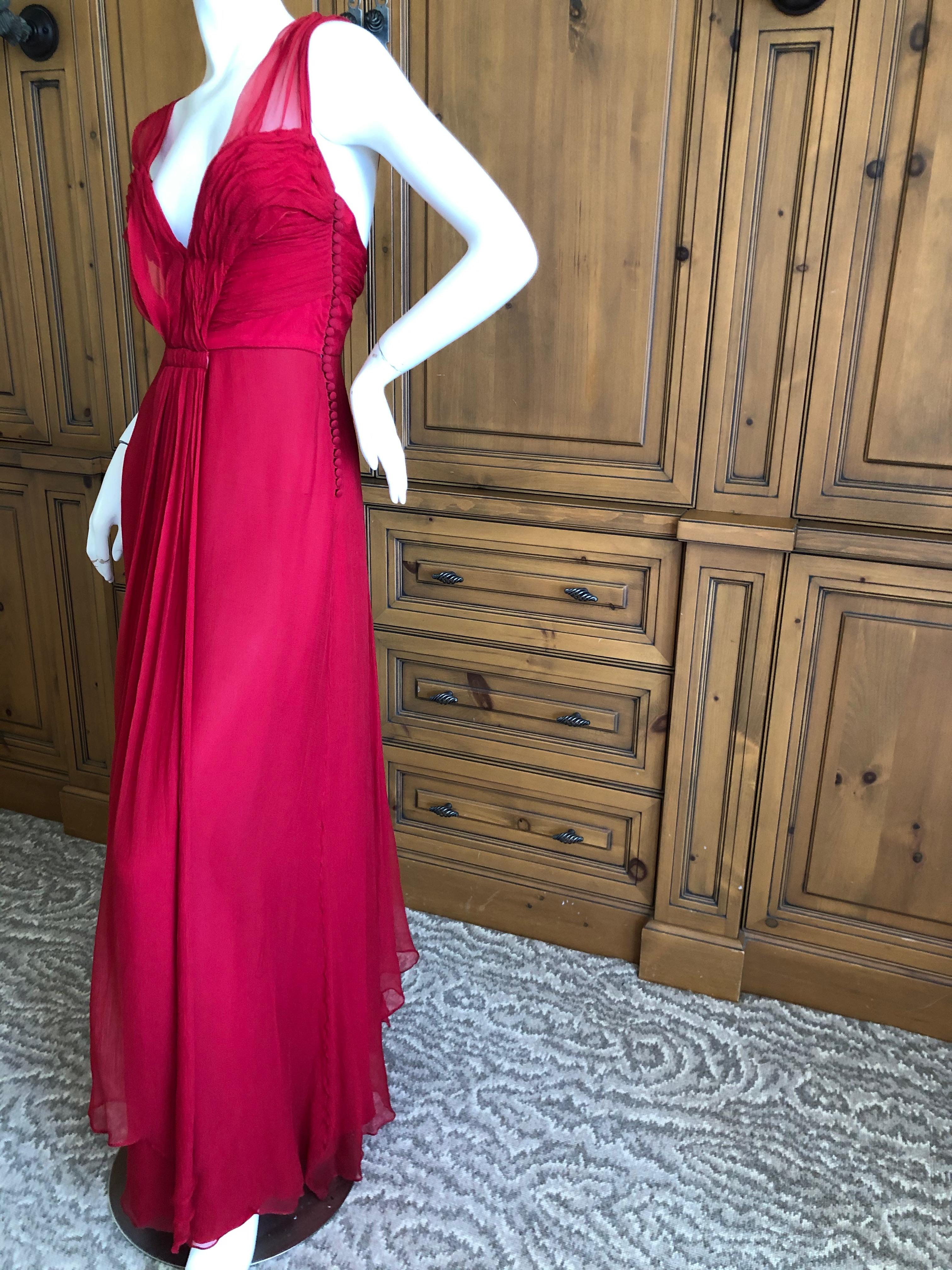 Christian Dior by John Galliano Red Silk Plunging Pleated Silk Dress  For Sale 1